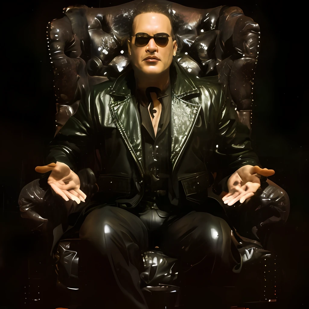 Man in leather jacket sitting in a chair with his hands out, pipoca como Morpheus, Morpheus, No novo filme Matrix, em matriz, Trindade a Matriz, Trindade da Matriz, neo da matriz, neo da matriz, Shrek como Neo de Matrix, estilo matricial, na matriz, como matriz, matriz, A Matriz