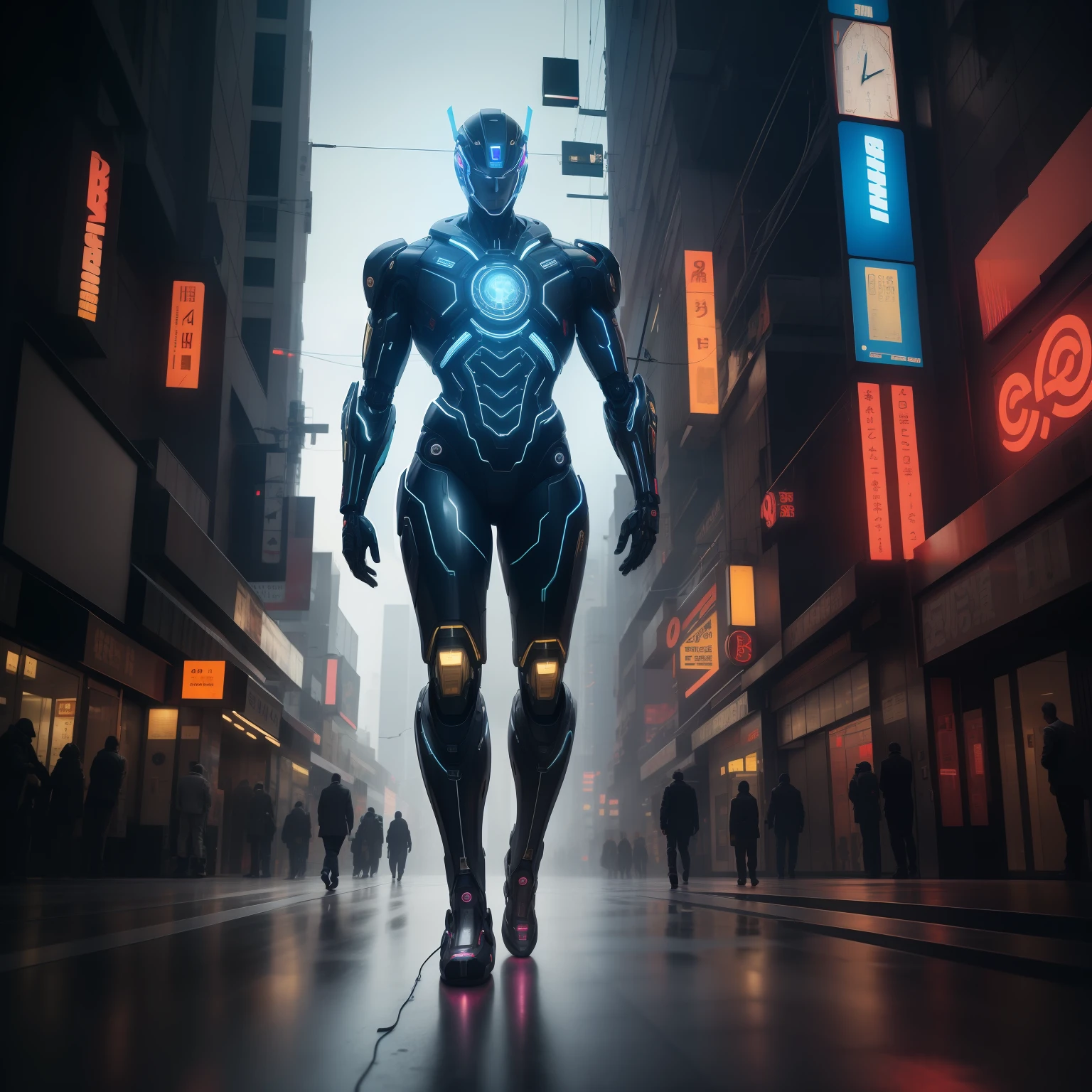 sue3, an award winning photograph of a beautiful man posing full body, legs, pumps, clocks, stainless steel, wires, neon neural network, feet, walking down a busy street, halo, intricate cyberpunk robot, highly detailed,