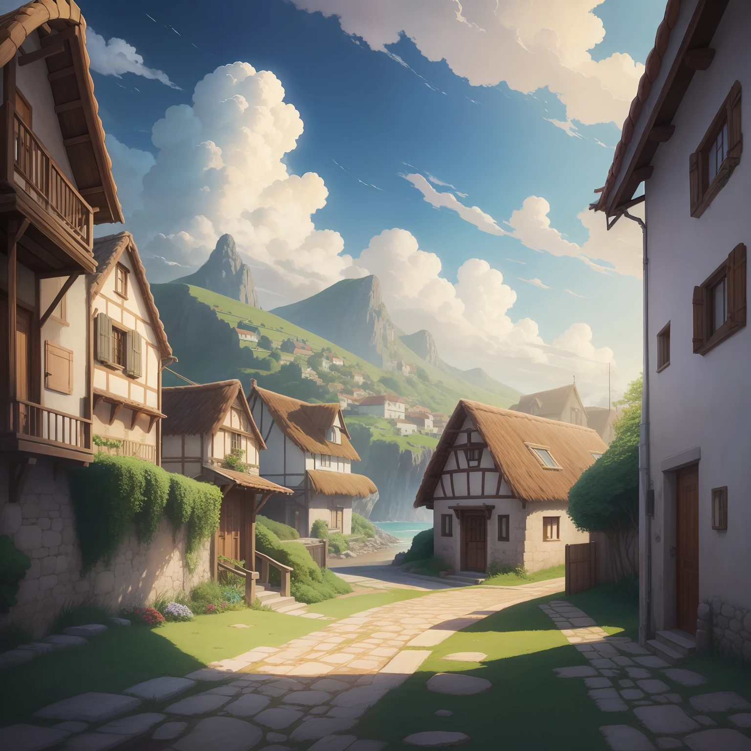 Passage to a Village by the sea , cozy scene, anime, clouds, photo realistic, hd, anime, ghibli studio