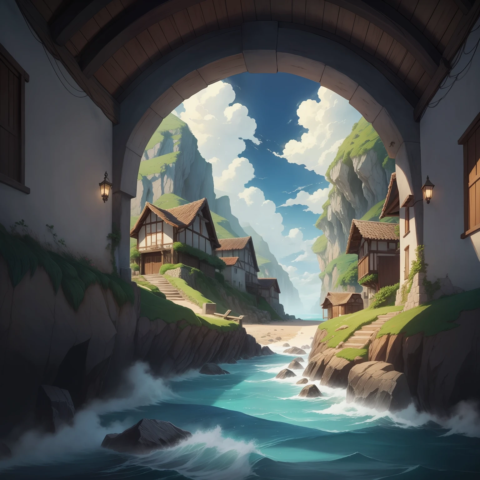 Passage to a Village by the sea , cozy scene, anime, clouds, photo realistic, hd, anime, ghibli studio