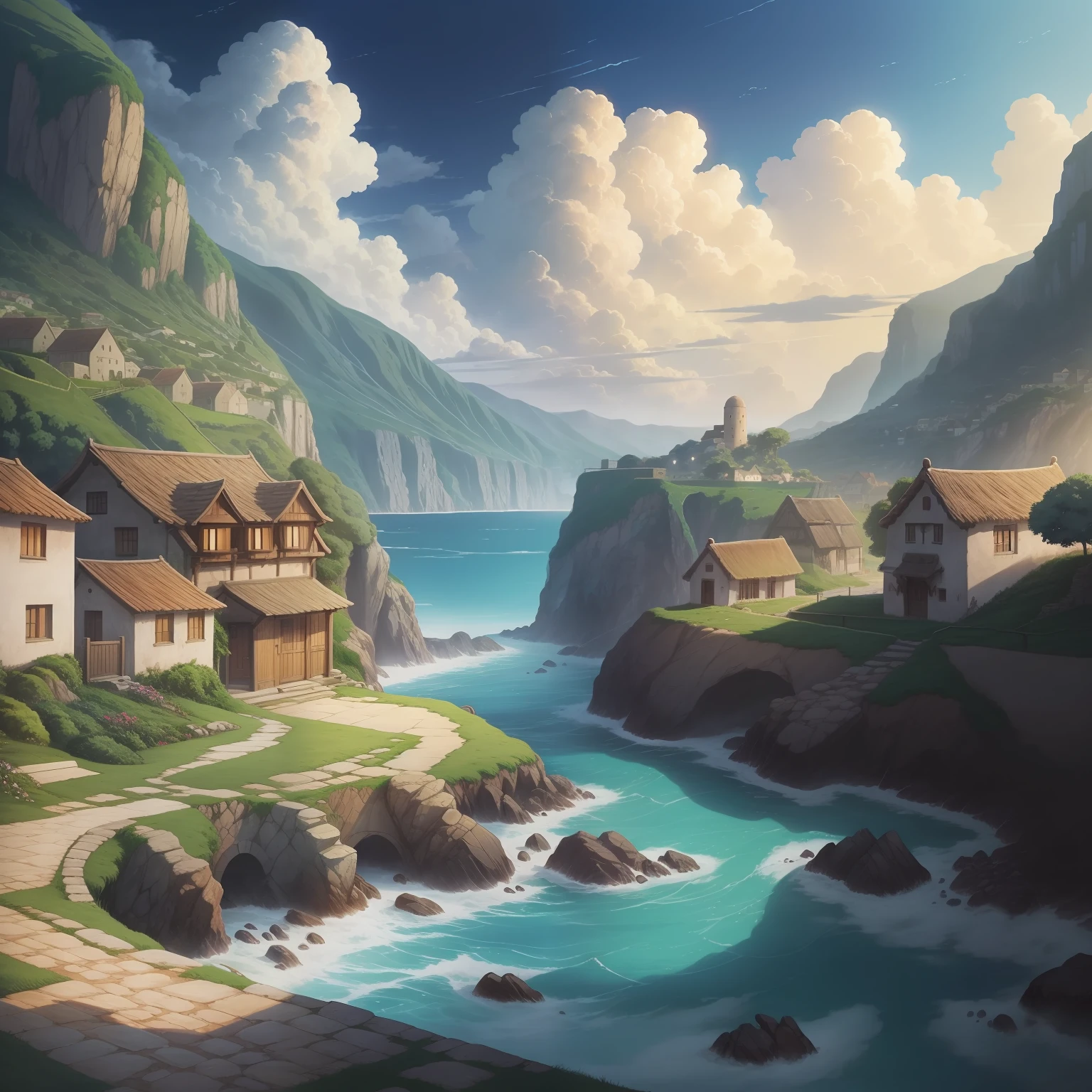 Passage to a Village by the sea , cozy scene, anime, clouds, photo realistic, hd, anime, ghibli studio
