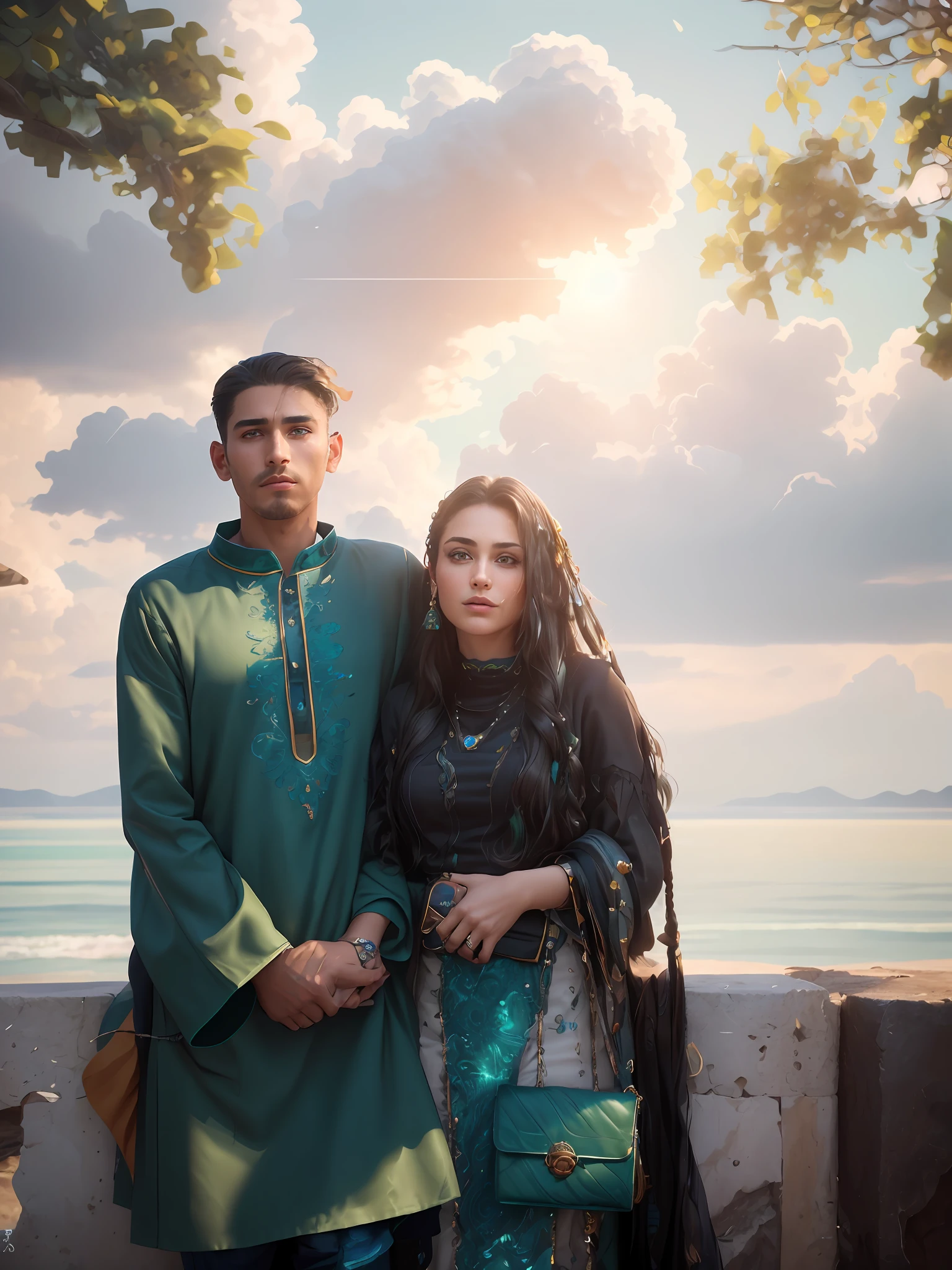 Couple (((male)), fashion shoot, (full portrait), (half), solo, detailed background, detailed face, (stonepunkAI, stone theme:1.1), wise, (beautiful hair, braid: 0.2), shaman, septum harsh, mysterious, (gorgeous face), stunning, head tilted up, (calm expression), calm, intimate interaction, sea bubble green worn clothes, rosary, Tribal ornaments, feathers in hair, headdress: 0.33, emerald, obsidian, detailed clothes, realistic skin texture, (floating particles, water swirls, embers, rituals, whirlwinds, wind: 1.2), clear focus, volumetric lighting, good highlights, good shadows, subsurface scattering, complex, highly detailed, ((film)), dramatic, (highest quality, award-winning, masterpiece: 1.5), (realism: 1.5),