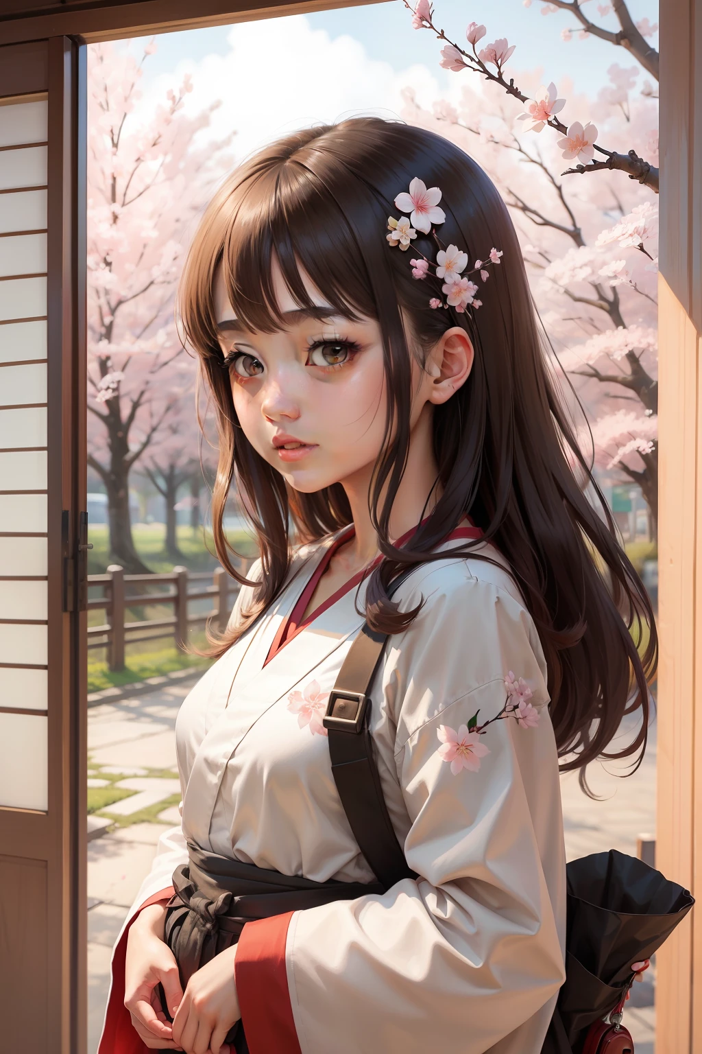 an oil painting、girl with、A Japanese style、illustratio、Cherry blossom background
