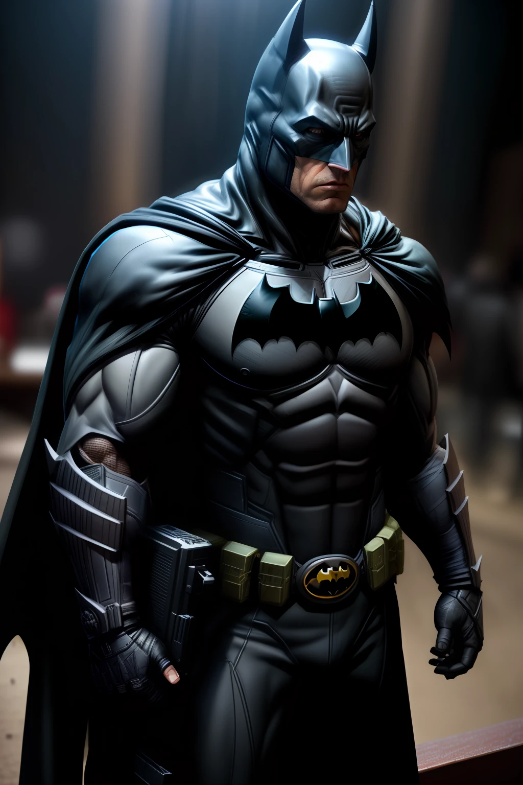 Ultra realistic Dark Knight movie Batman in 8k high definition profile pose, In 50mm Canon many details in the combat suit batman strong muscle defined