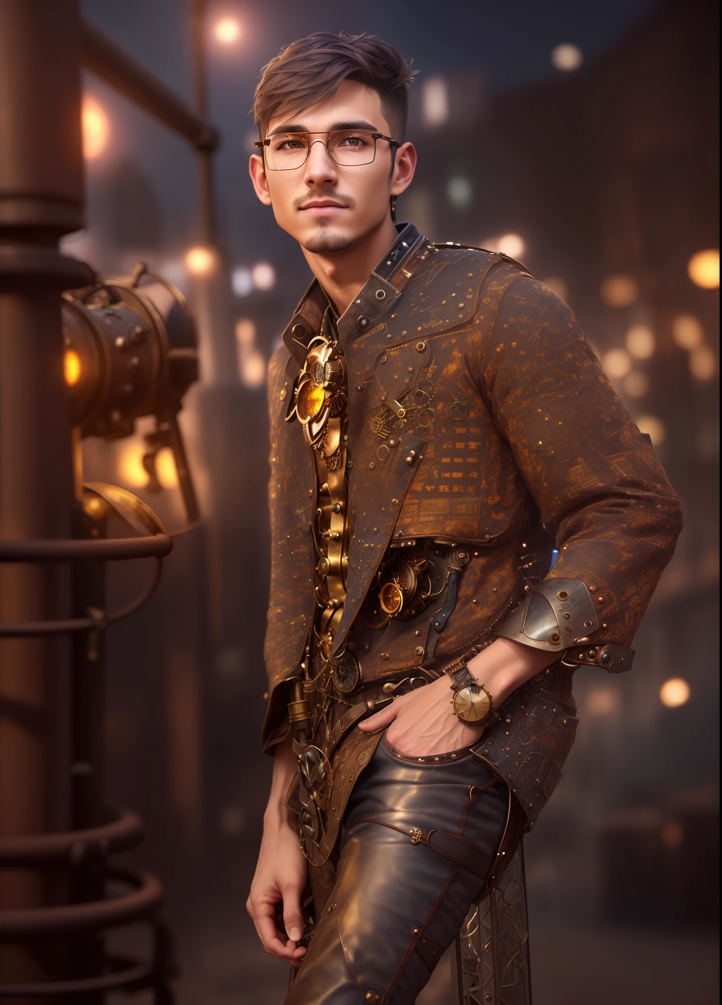(man:1.3), 30yo, (half naked:1.2), in steampunk clothes, sits on a metal pipe, detailed face, (closeup:1.1), (skin pores:1.1), 4k, hyperrealism, realistic, hyperrealistic, high resolution, 16mm lens, cinematic, soft lighting, epic realistic, faded, ((neutral colors)), (hdr:1.5), muted colors, pastel, warm lights, dramatic light, complex background, intricate details, hyperdetailed, cinematography, steampunk engineer, round glasses, night steampunk city background, 1girl