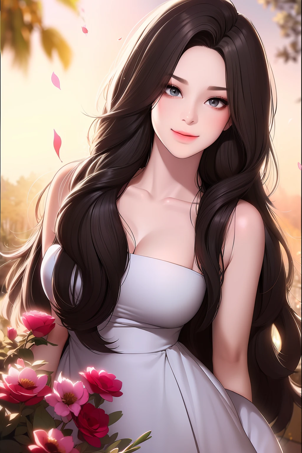 ( girl:1.5),lace,ribbon,hanfu,(masterpiece, sidelighting, finely detailed beautiful gray eyes: 1.2), masterpiece, realistic, glowing eyes,shiny hair,black hair,long long hair, lustrous skin, solo, embarassed,Strapless,exquisite,beautifly,garden,flowers,flying petals,