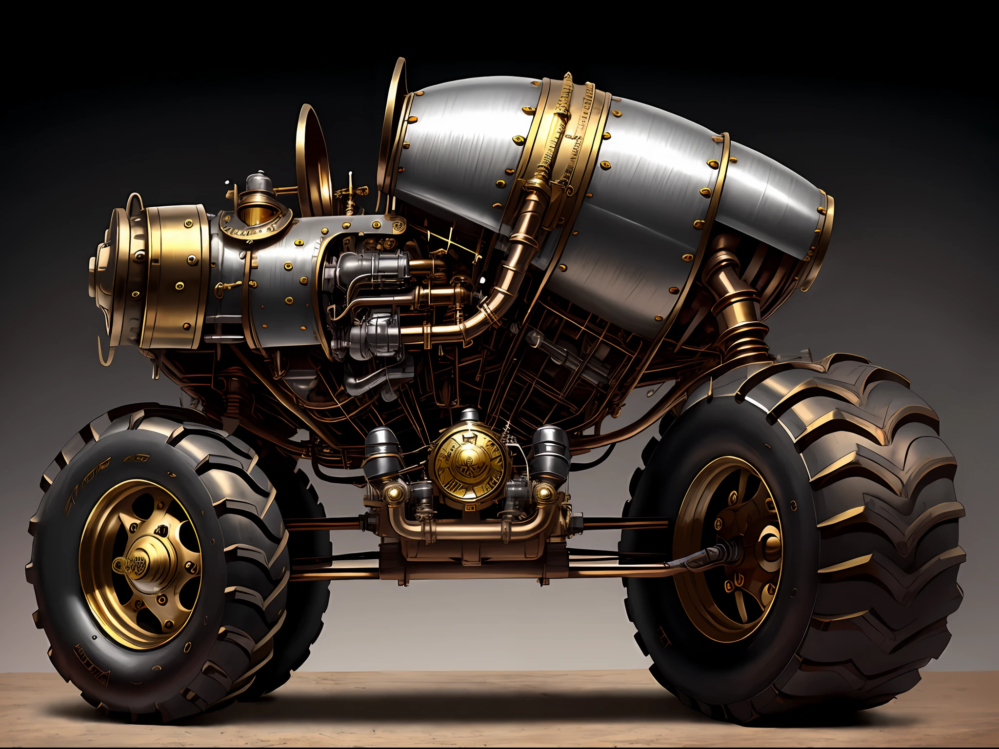 Steampunk monster trucks、from side view、brass、steel、Great photos of pipes、White background