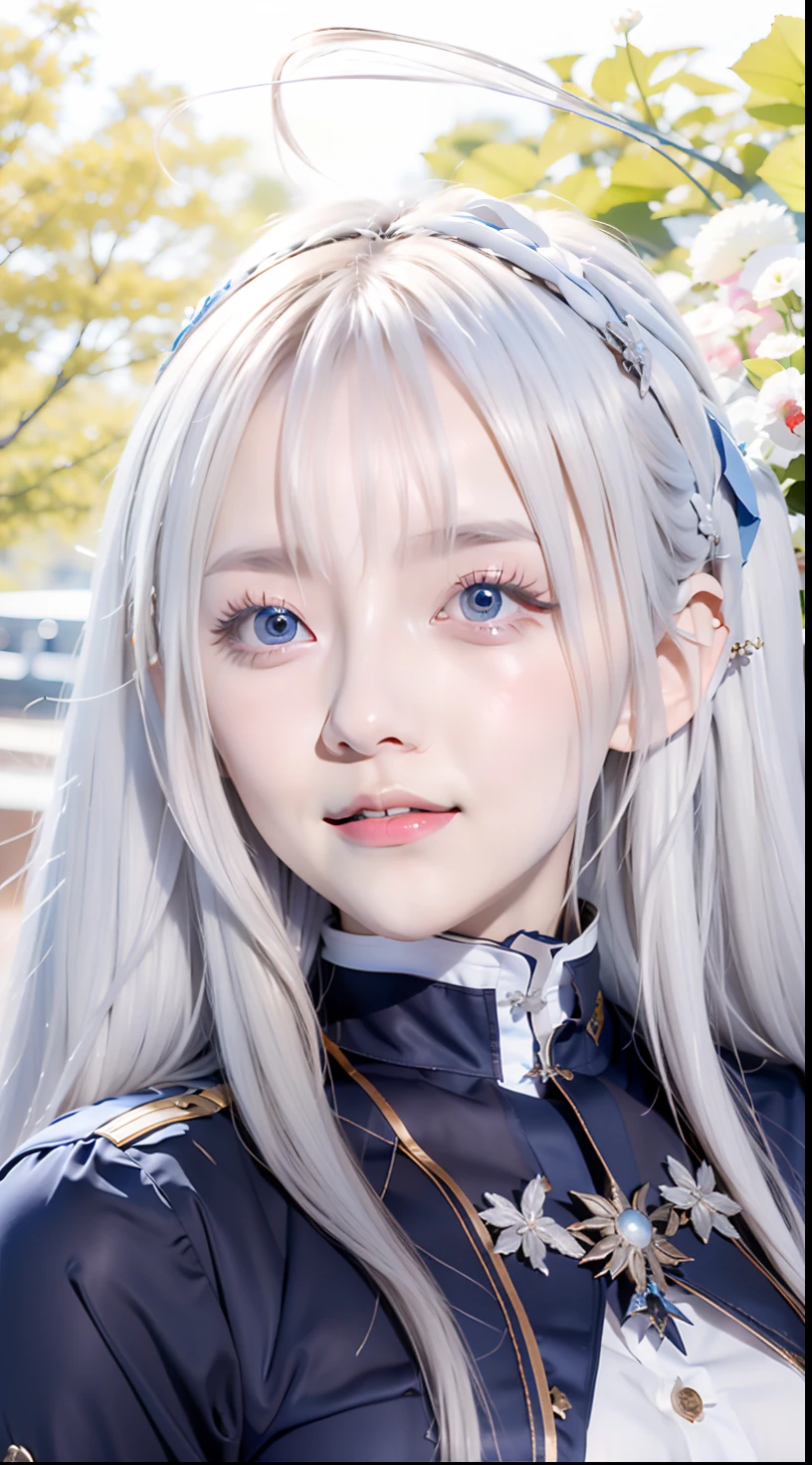 anime girl with long white hair and blue eyes , blue uniform, lucina from fire emblem, white haired deity, portrait knights of zodiac girl, keqing from genshin impact, ayaka genshin impact, from girls frontline, silver haired, gray haired, fine details. girls frontline, roguish smirk, white haired, girls frontline style, fus rei,realistic ,ultra detail