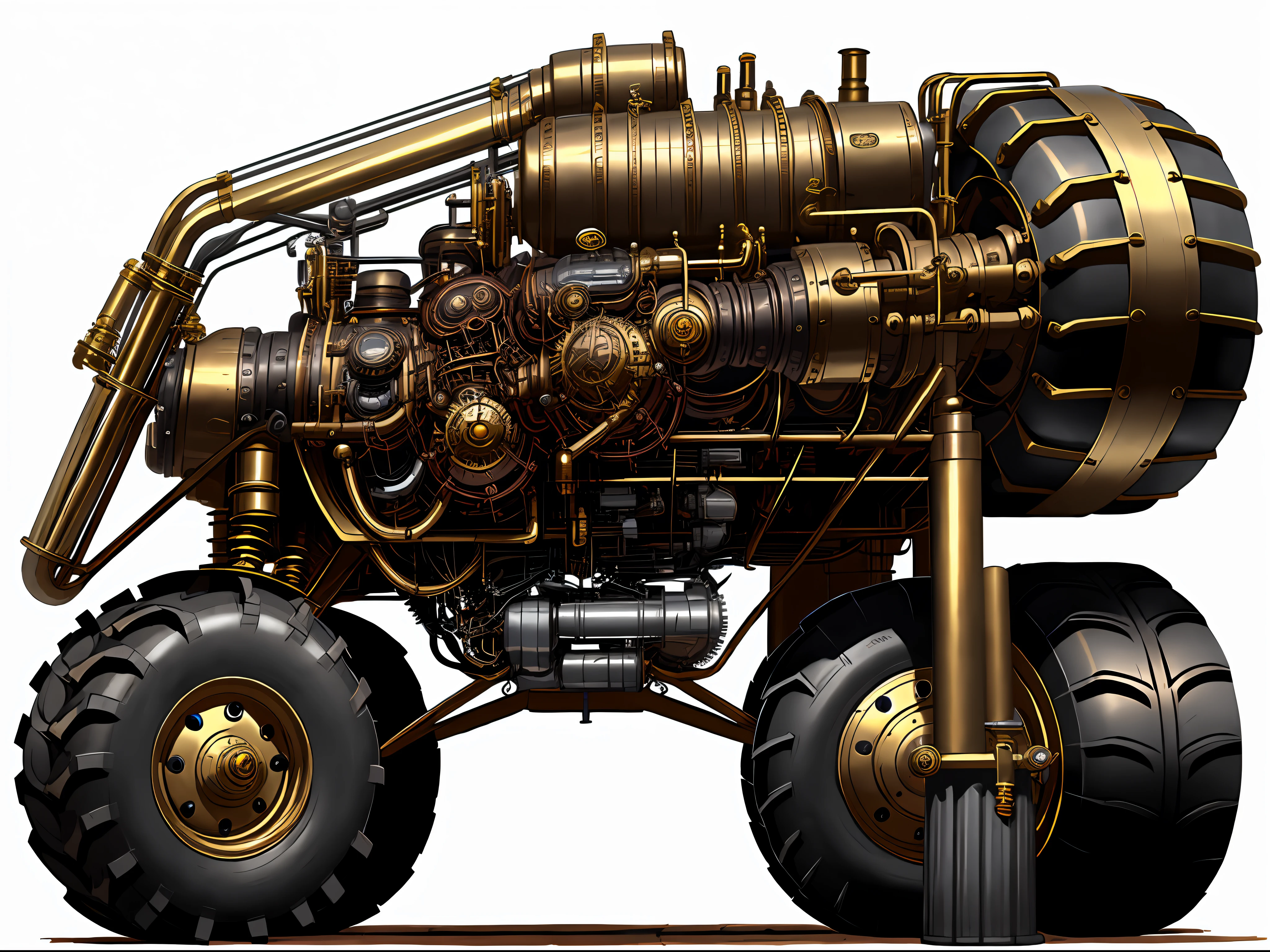 Steampunk monster trucks、from side view、brass、steel、Great photos of pipes、White background