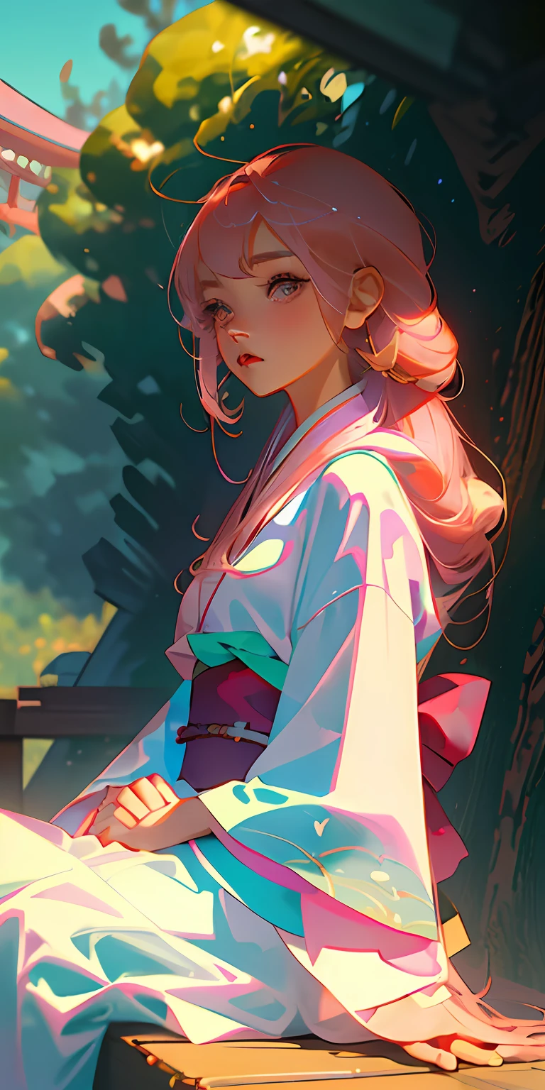 1girl, bangs, day, japanese_clothes, kimono, long_hair, long_sleeves, looking_at_viewer, obi, outdoors, pink_hair, sash, sitting, solo, white_kimono