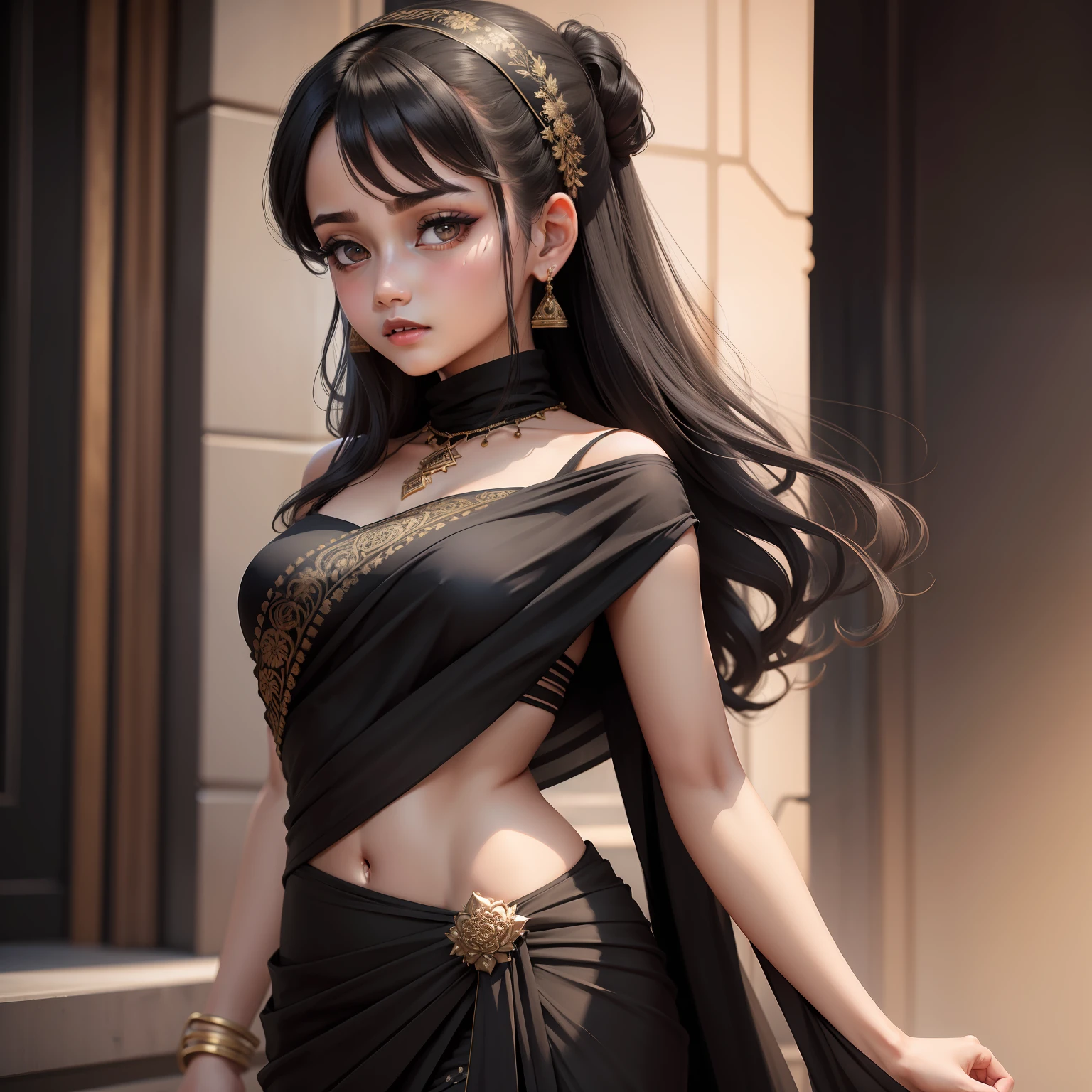 A girl, black saris dress , hot, high quality detail, ultra realistic,