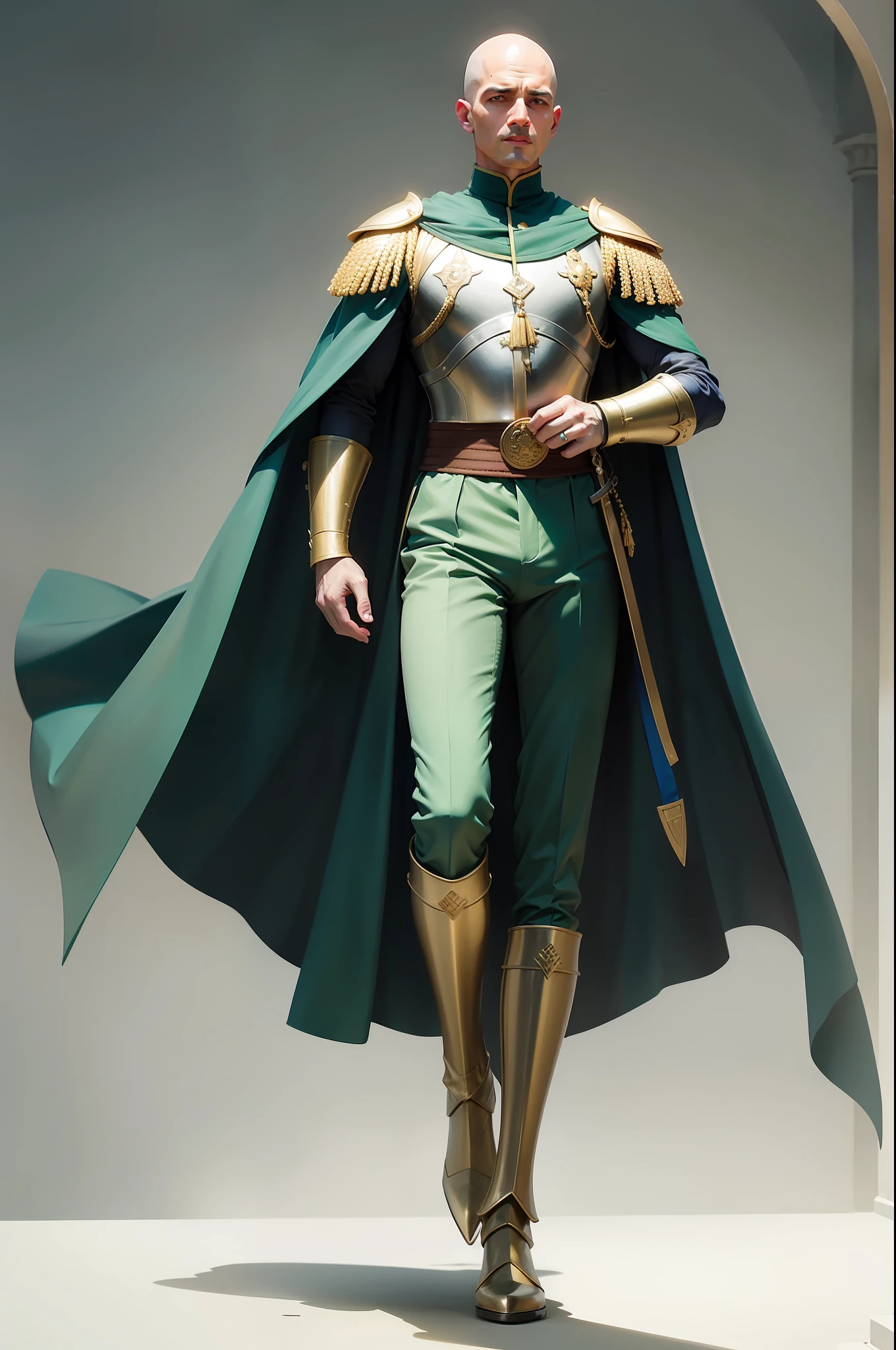 realista, homem, meia idade, careca, magro, imperador, armadura medieval dourada, roupa branca longa, green pants, botas