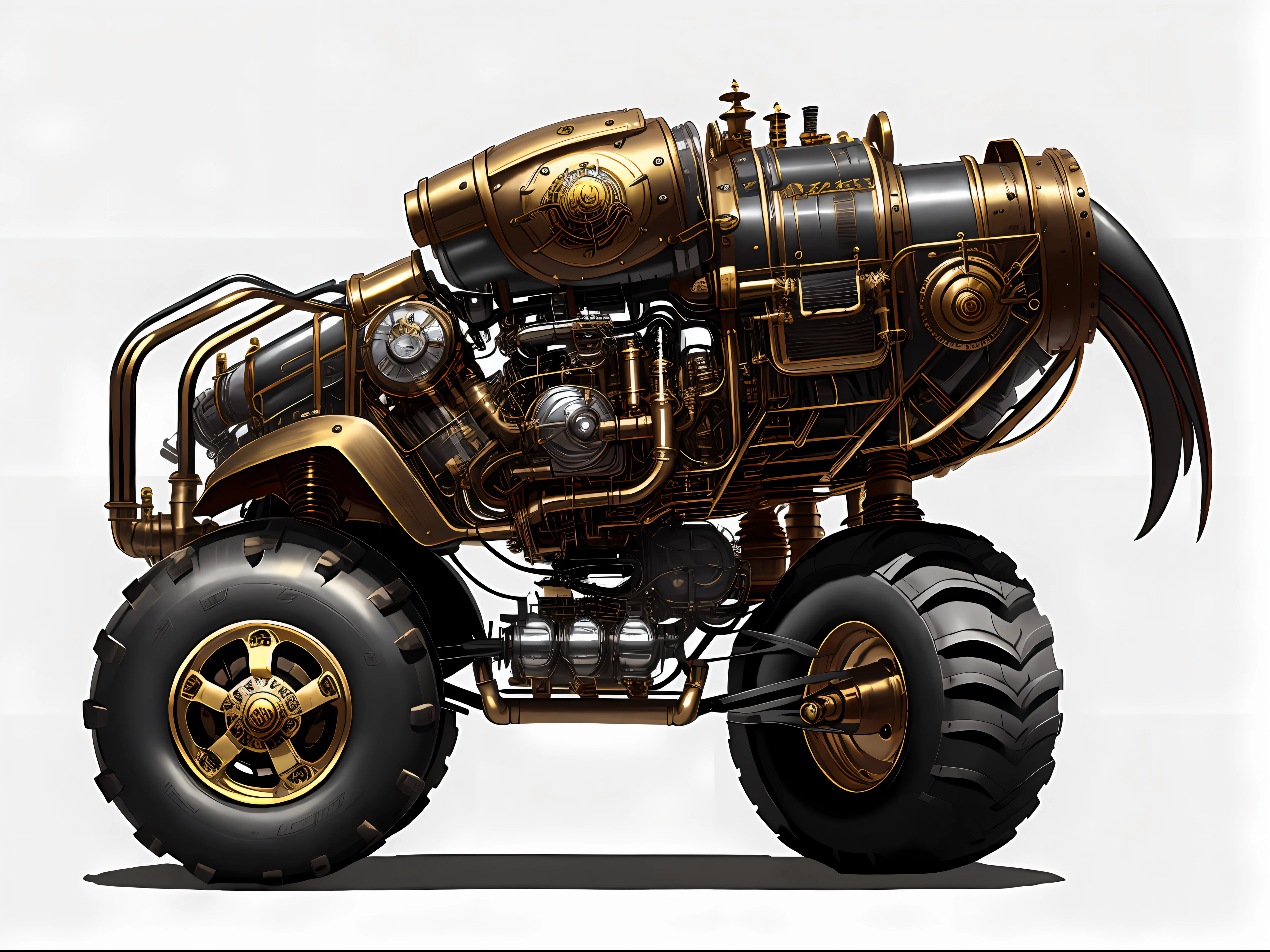 Steampunk monster trucks、from side view、brass、steel、Great photos of pipes、White background