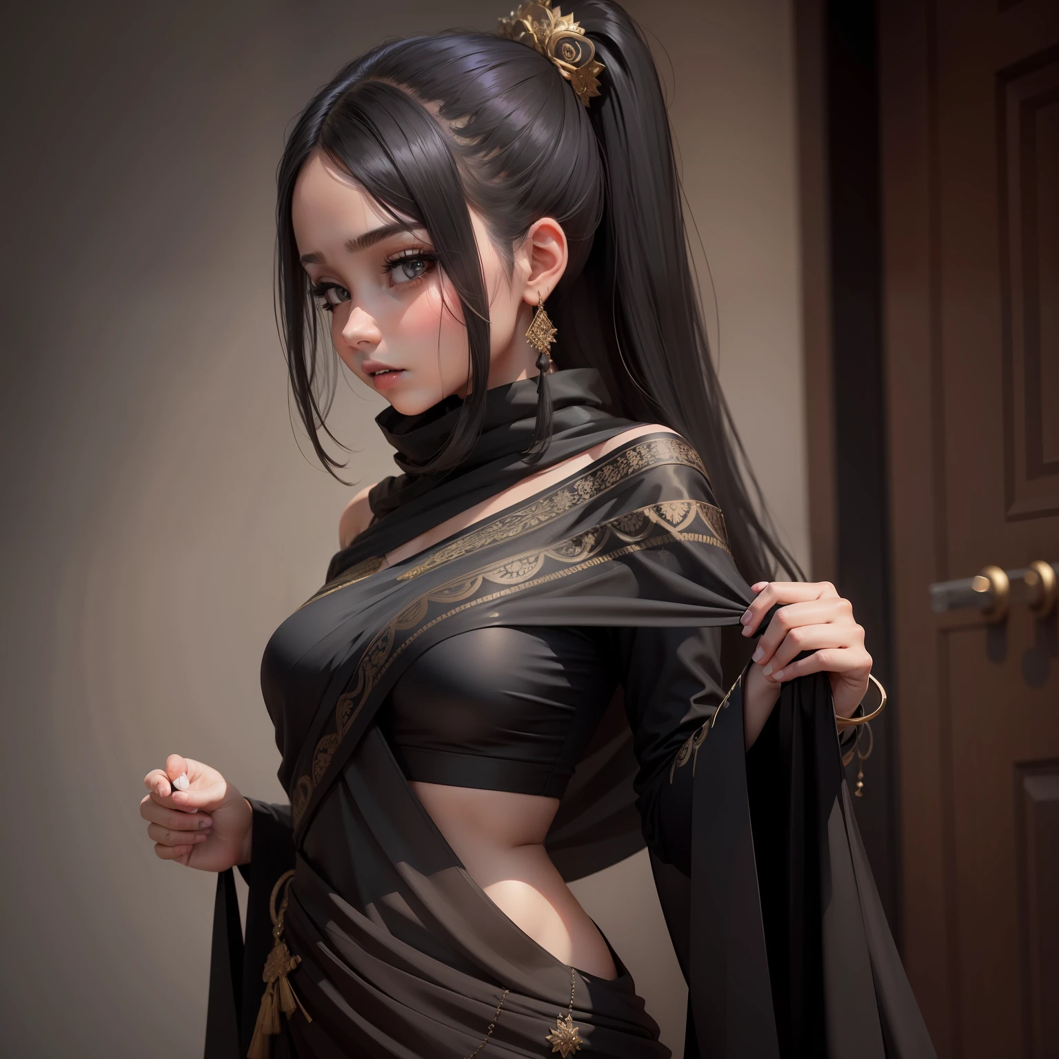 A girl, black saris dress , hot, high quality detail, ultra realistic,