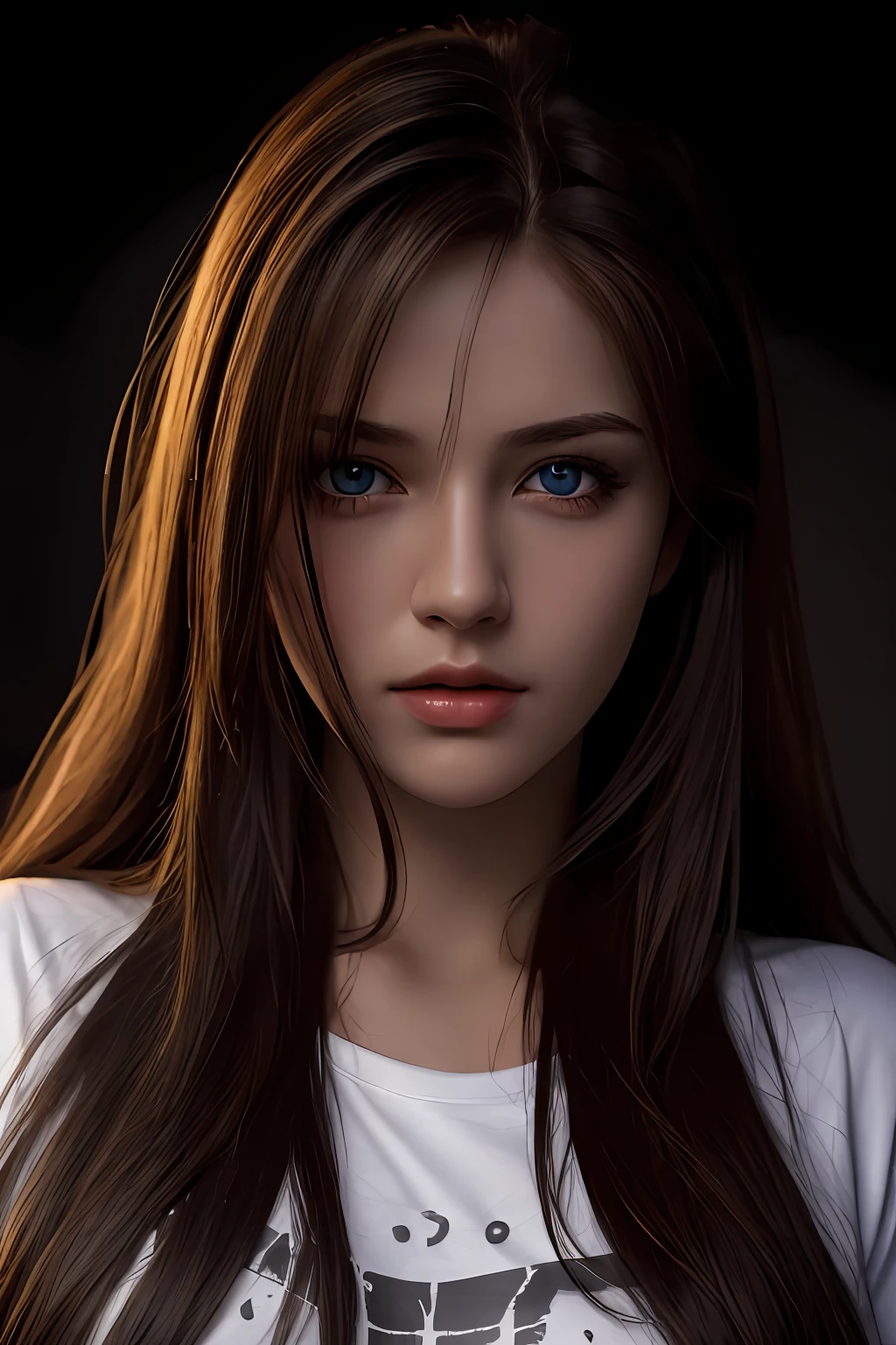 Best quality, masterpiece, ultra high res, (photorealistic:1.37), raw photo, 1girl, long hair, beautifull eyes,  beautifull face, detailed eyes and face, t-shirt, dynamic lighting, in the dark, deep shadow, low key, cowboy shot