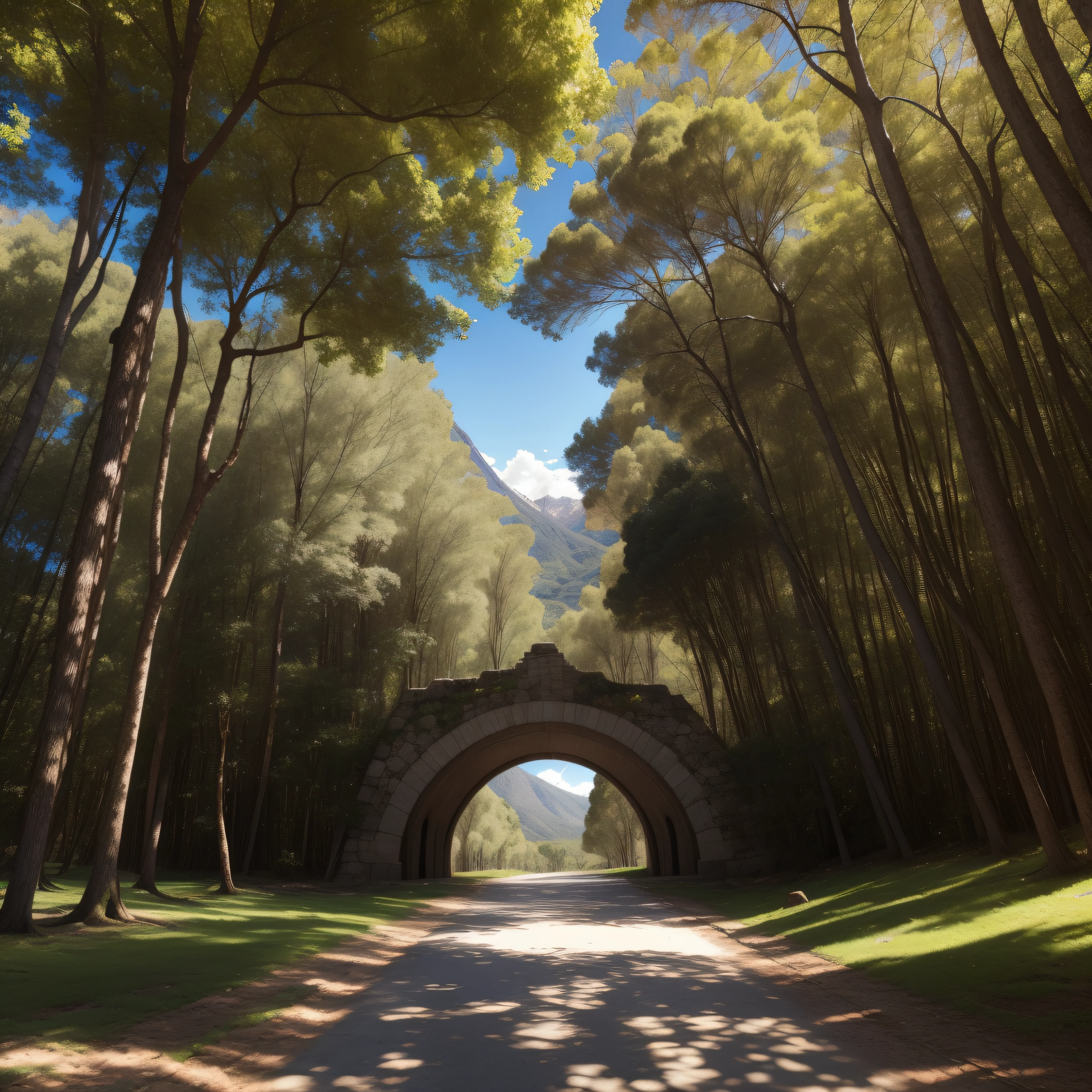 (extremadamente detallado, obra maestra, La mejor calidad), paisaje de bosque. en el cielo hay un agujero profundo del cual se ve un tunel. Daytime Lighting.