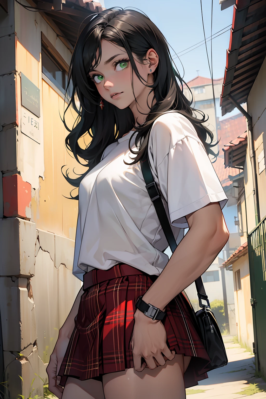 ((melhor qualidade)), ((obra-prima)), (altamente detalhado:1.3) a young pale skin and wavy, half-messy black hair long and green eyes wearing a white croped and a red plaid miniskirt
