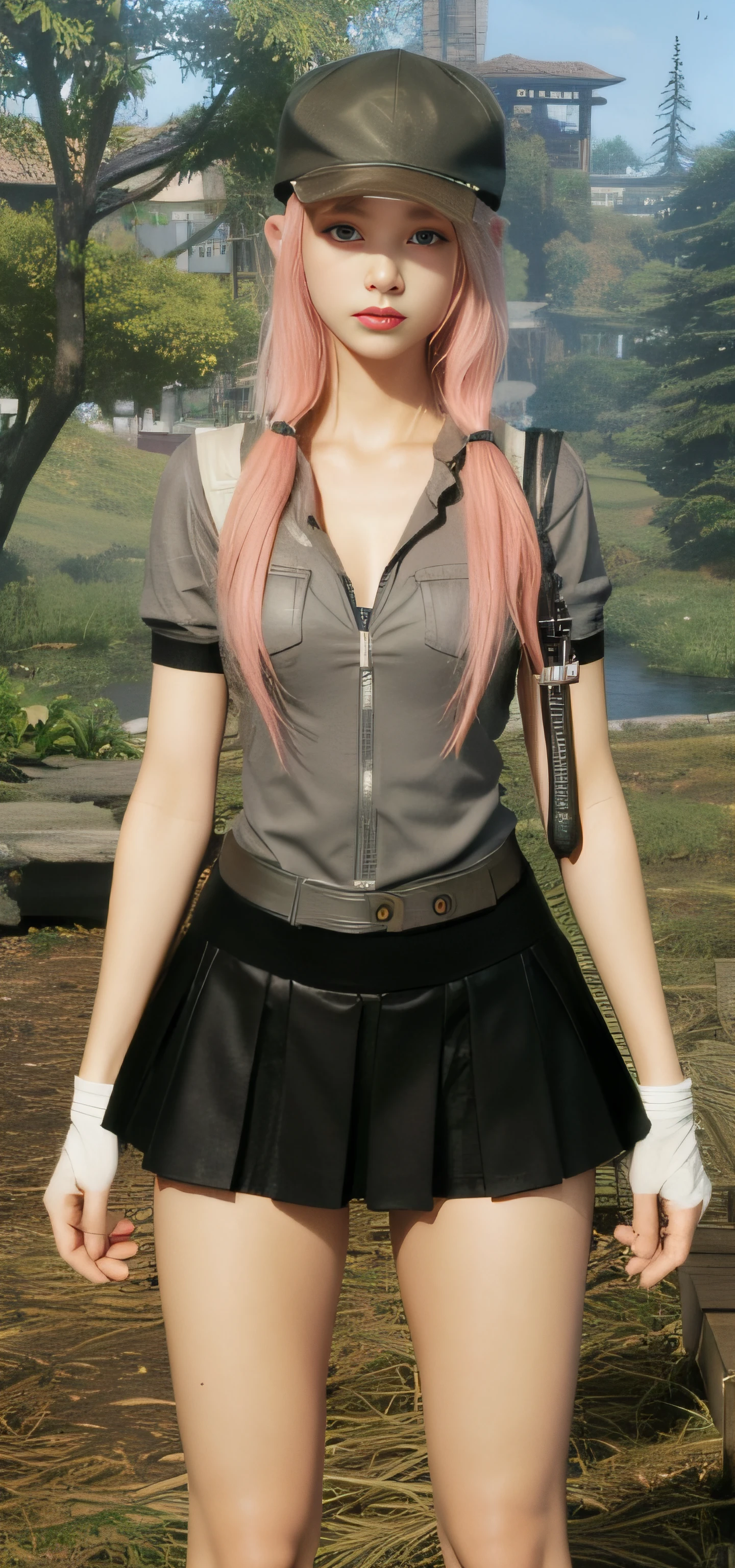 There's a woman in a short skirt and hat holding a baseball bat, haruno sakura, mechanic punk outfit, Tifa Lockhart com cabelos brancos, de Final Fantasy XIII, Dicas de Yayoi Kasuma, roupa de banho: soprar, sakura haruno, Rena Nounen Estilo 3/4, cabelo rosa wispy, com cabelo rosa, estilo de jogo square enix