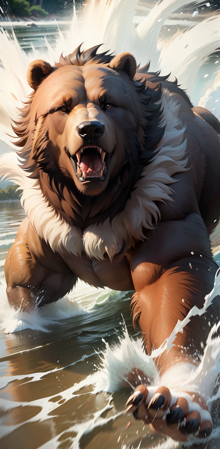massive bear running through river, sharp claws, snarling and roaring
