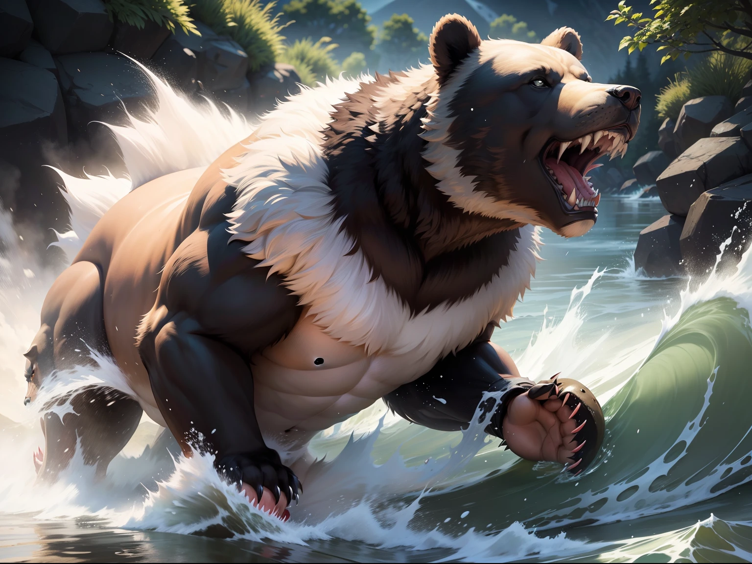 massive bear running through river, sharp claws, snarling and roaring