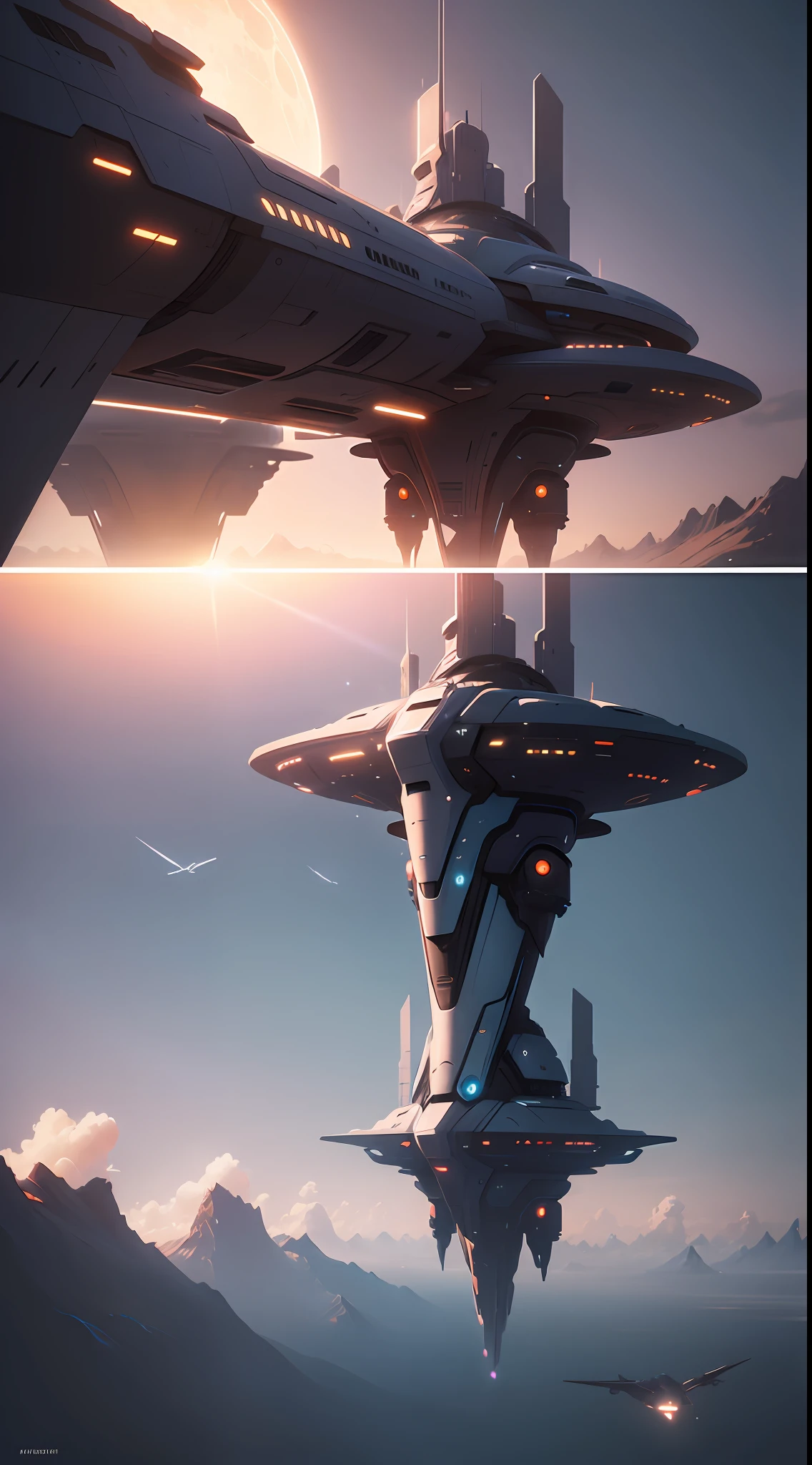 a futuristic space ship floating in the sky, a matte painting by Christopher Balaskas, cgsociety, space art, toonami, sci-fi, reimagined by industrial light and magic