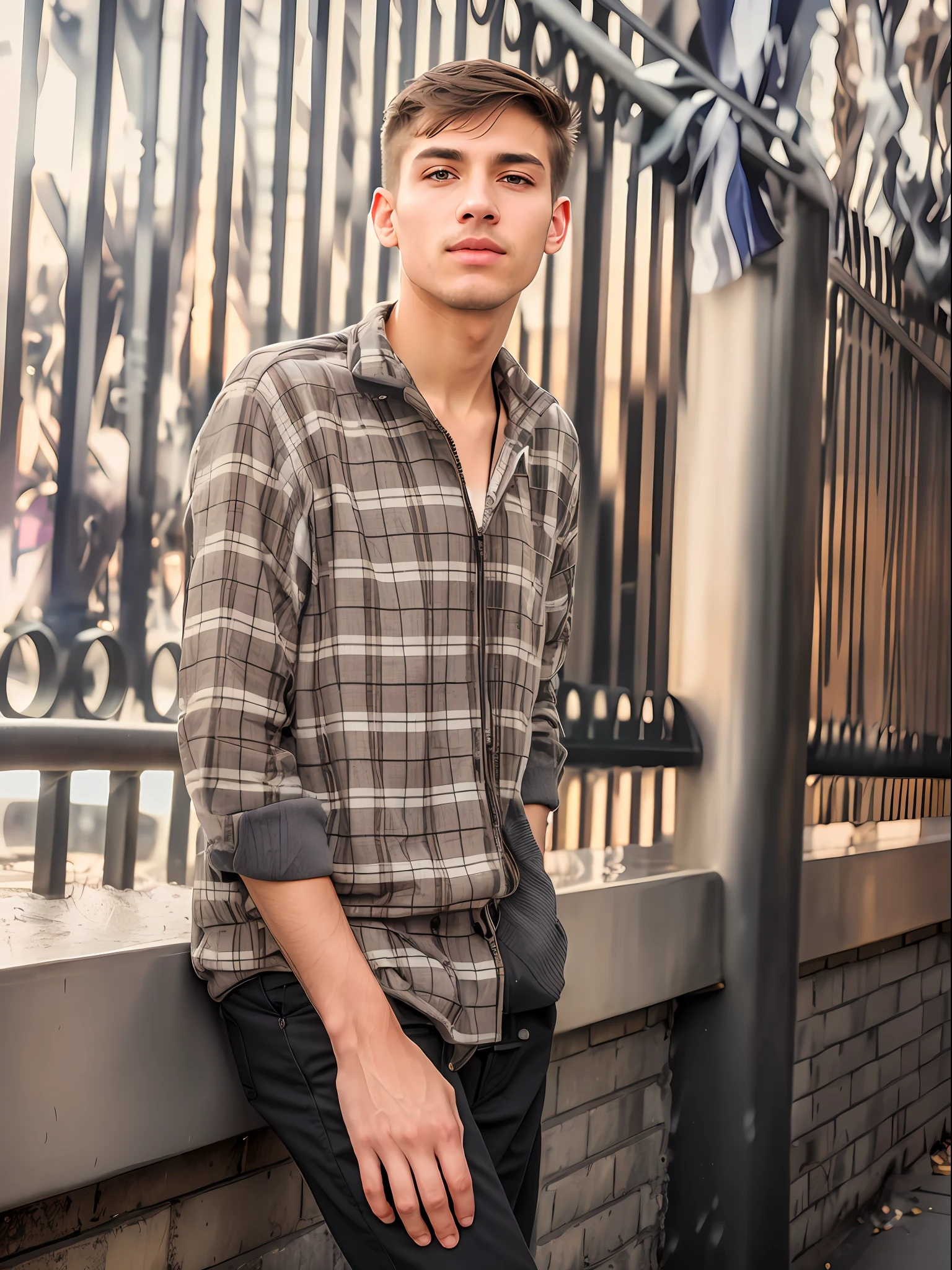 best quality, ultra photorealistic, photorealism, 8k, photograph, photo of a young man, jacket, ear studs, gray scarf, sweater, short windswept light brown hair, fit, beautiful, (effeminate), (shaved), eyeliner, standing on the walkway, background is a crowded street, bokeh, rain, humid, overcast, artificial lights, detailed face and eyes, higly detailed skin, 8k uhd, sharp focus, professional, best quality