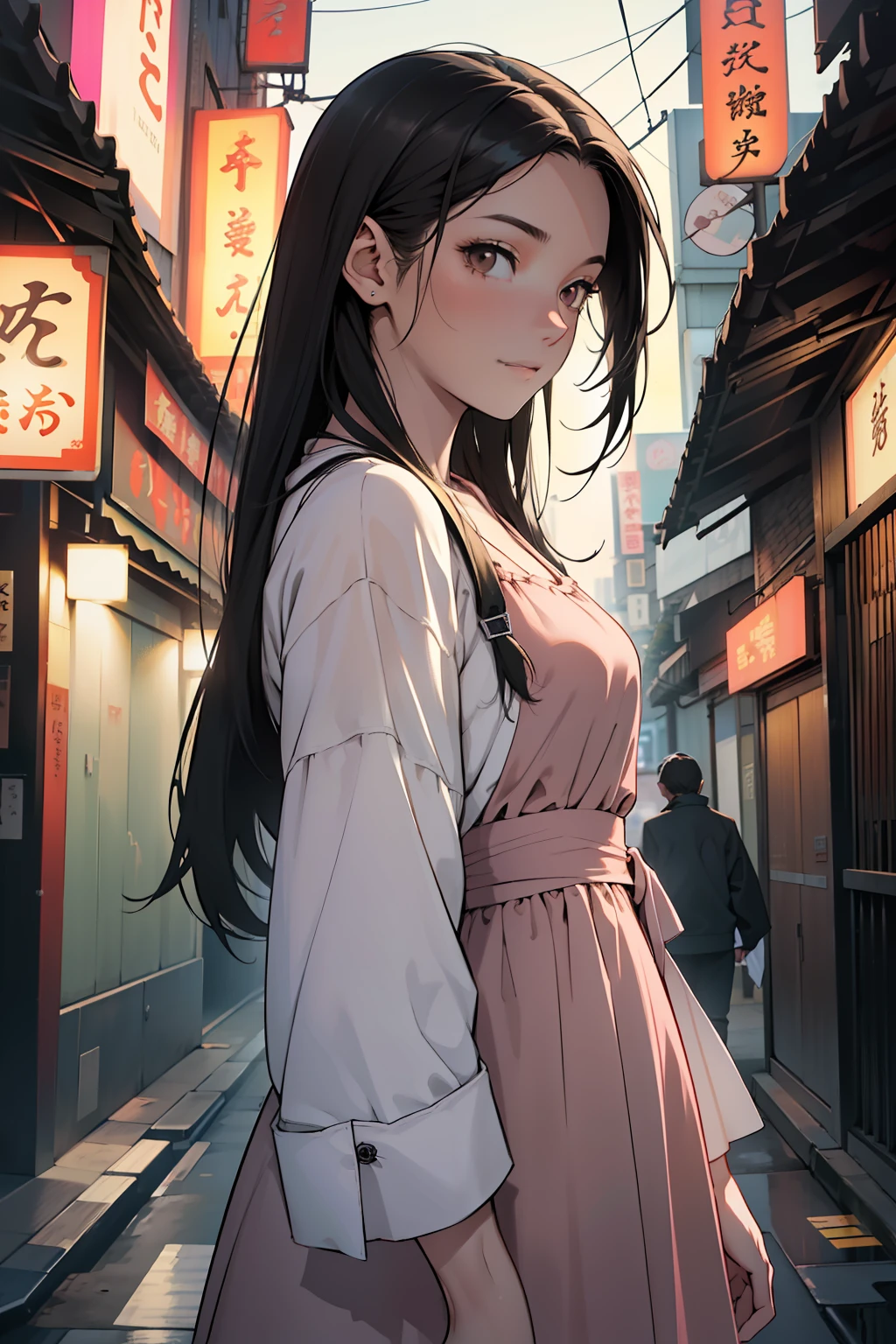((melhor qualidade)), ((obra-prima)), (altamente detalhado:1.3) A young pale skin and long straight black hair and brown eyes wearing a well-necked pink dress and m a Tokyo street at night