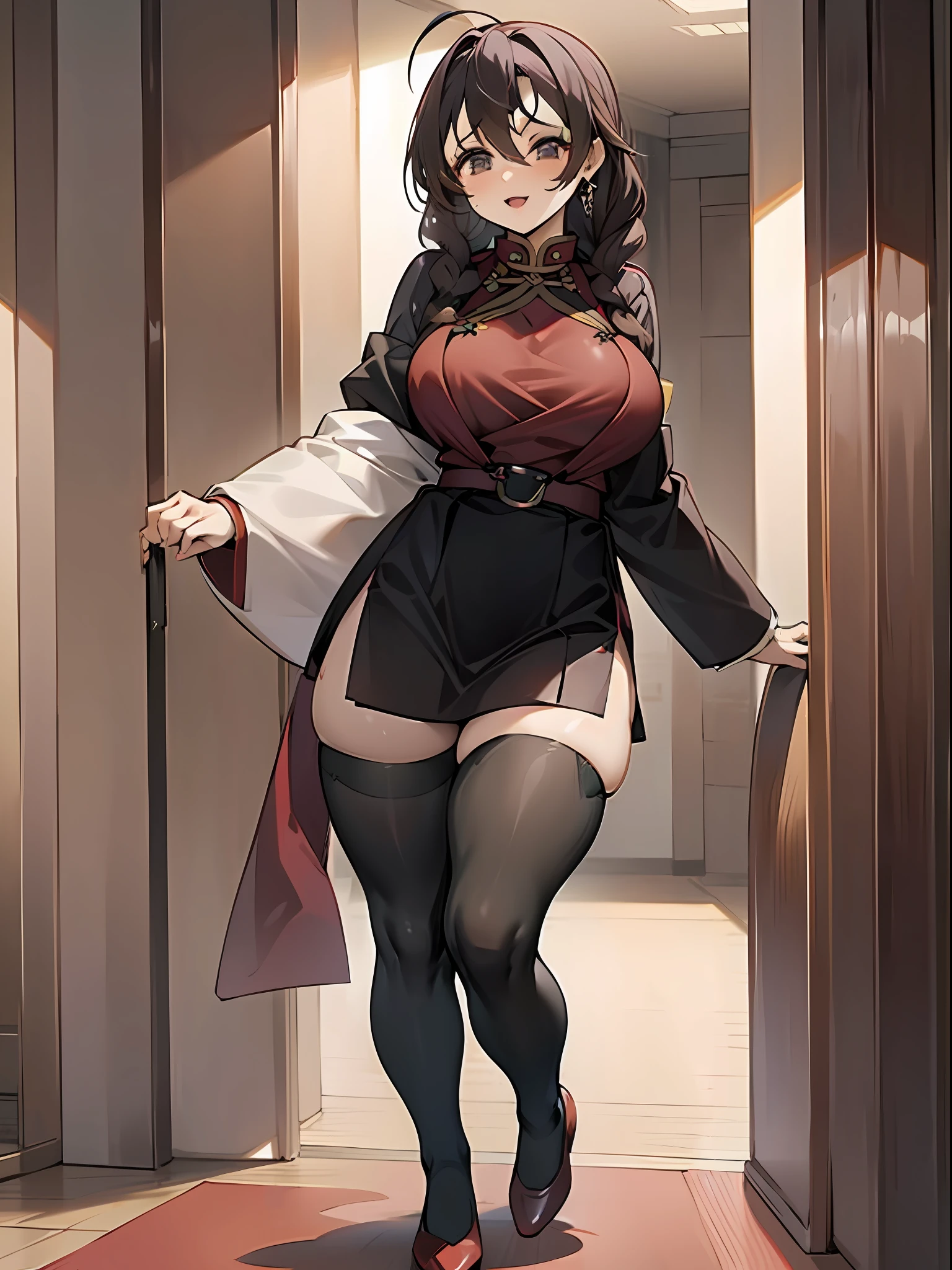 full body photographed、Plump Married Woman、A dark-haired、Plump body、large full breasts、Colossal tits、qipao dress、Cheongsam with chest down visible、tights、Angle from below、Panchira、