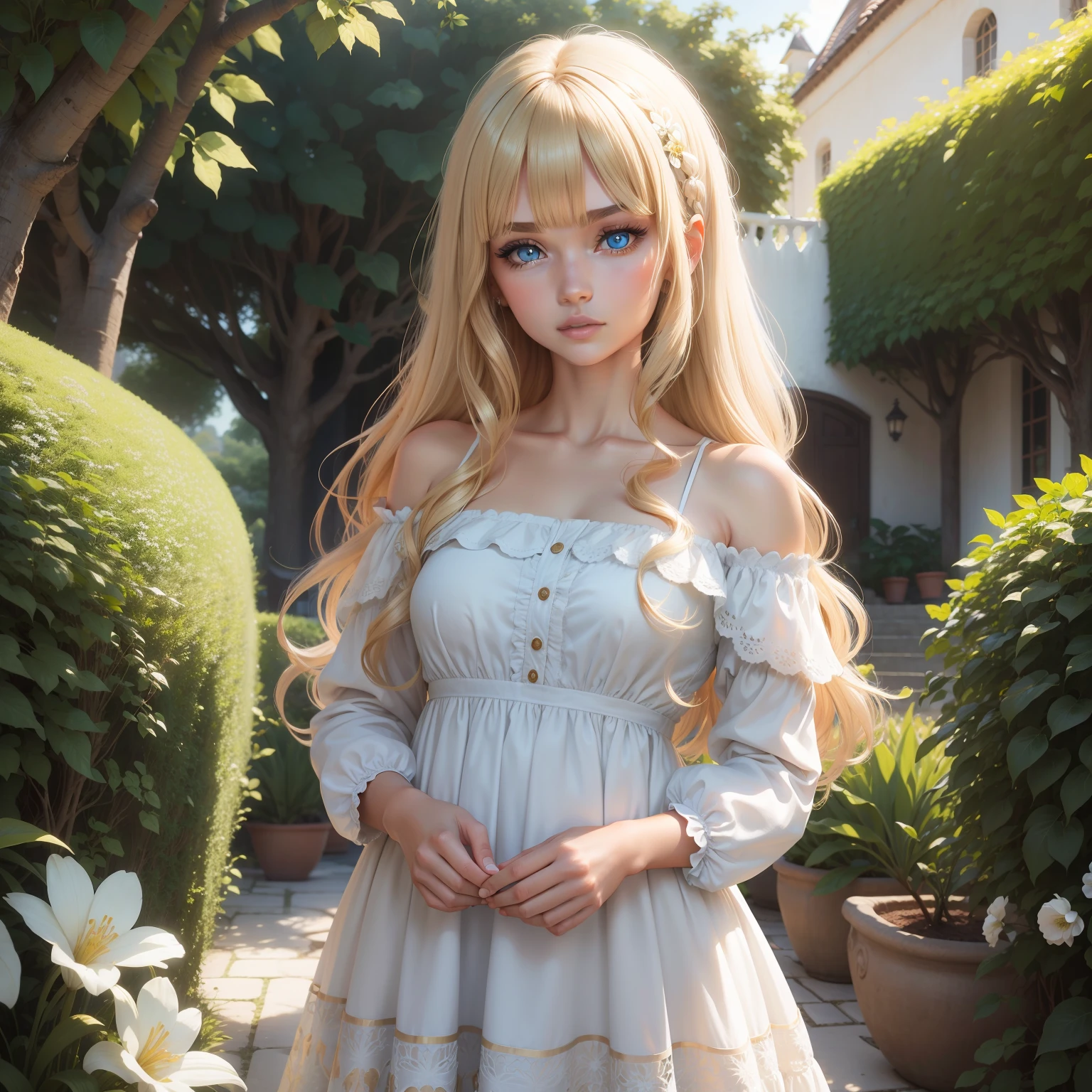 Moca bonita, com cabelo com franja loiro dourado, olhos claros, with flowery dress long blue eyes fair skin Hair with beautiful mocha golden blonde fringe in a magnificent garden rounded face, mais gordinha