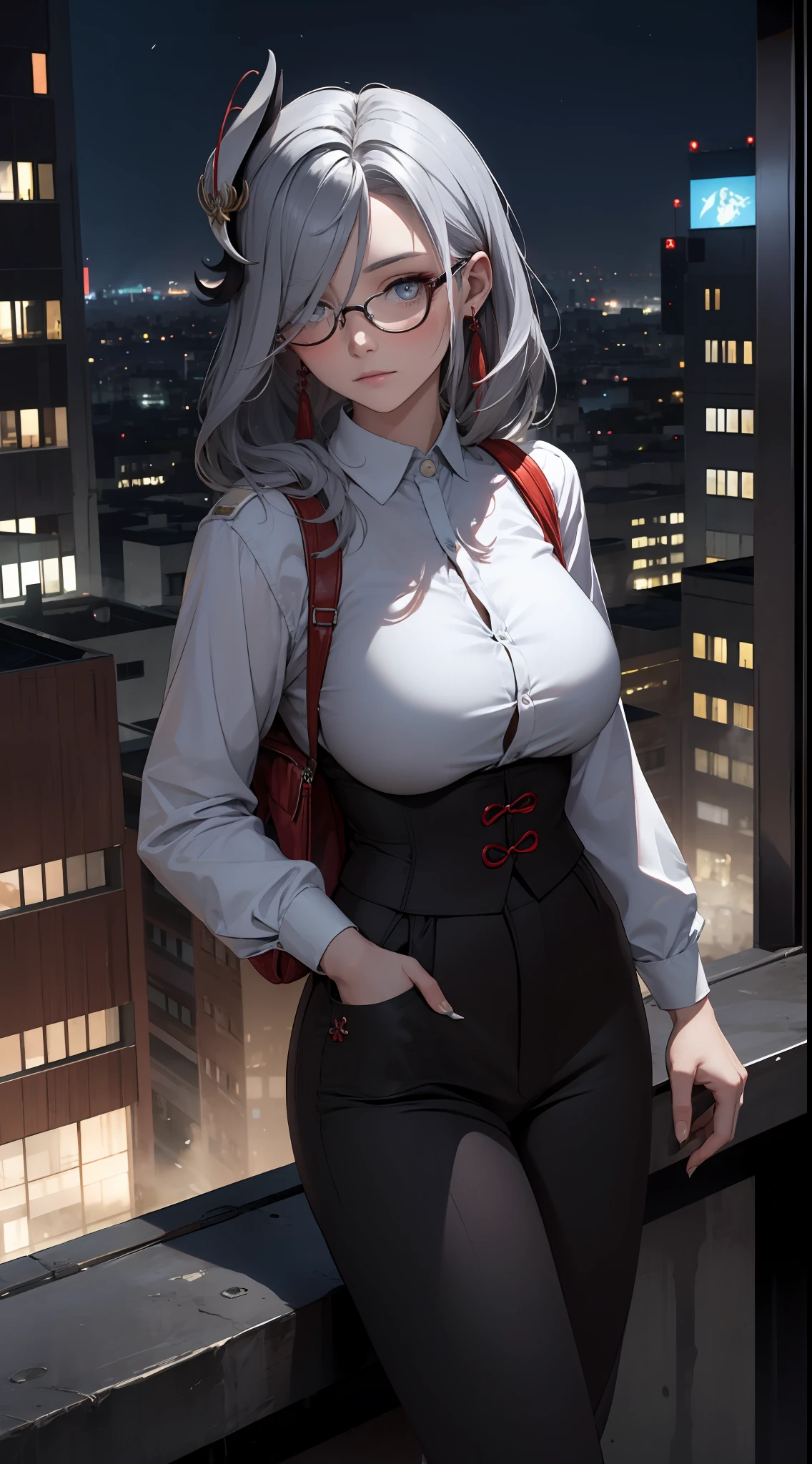 Closeup, HDR, low light, Beautiful woman, formal white shirt, long pants, long silver braided hair, shenhedef, glasses, rooftop, dystopian, night, dark