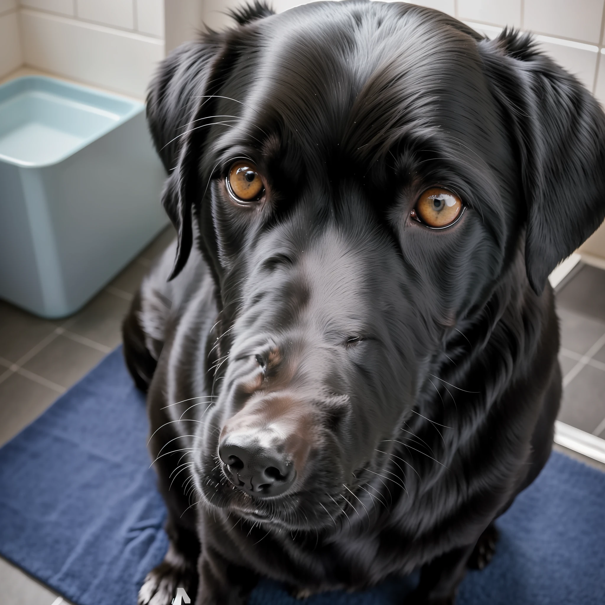 There is a black dog sitting on a blue carpet in a bathroom, sitting on a lab table, staring directly at camera, staring directly at camera, looking straight into the camera, looking defiantly at the camera, lab in the background, Looking directly at the camera, serious sad look in his eyes, staring directly at camera, Looking towards the camera