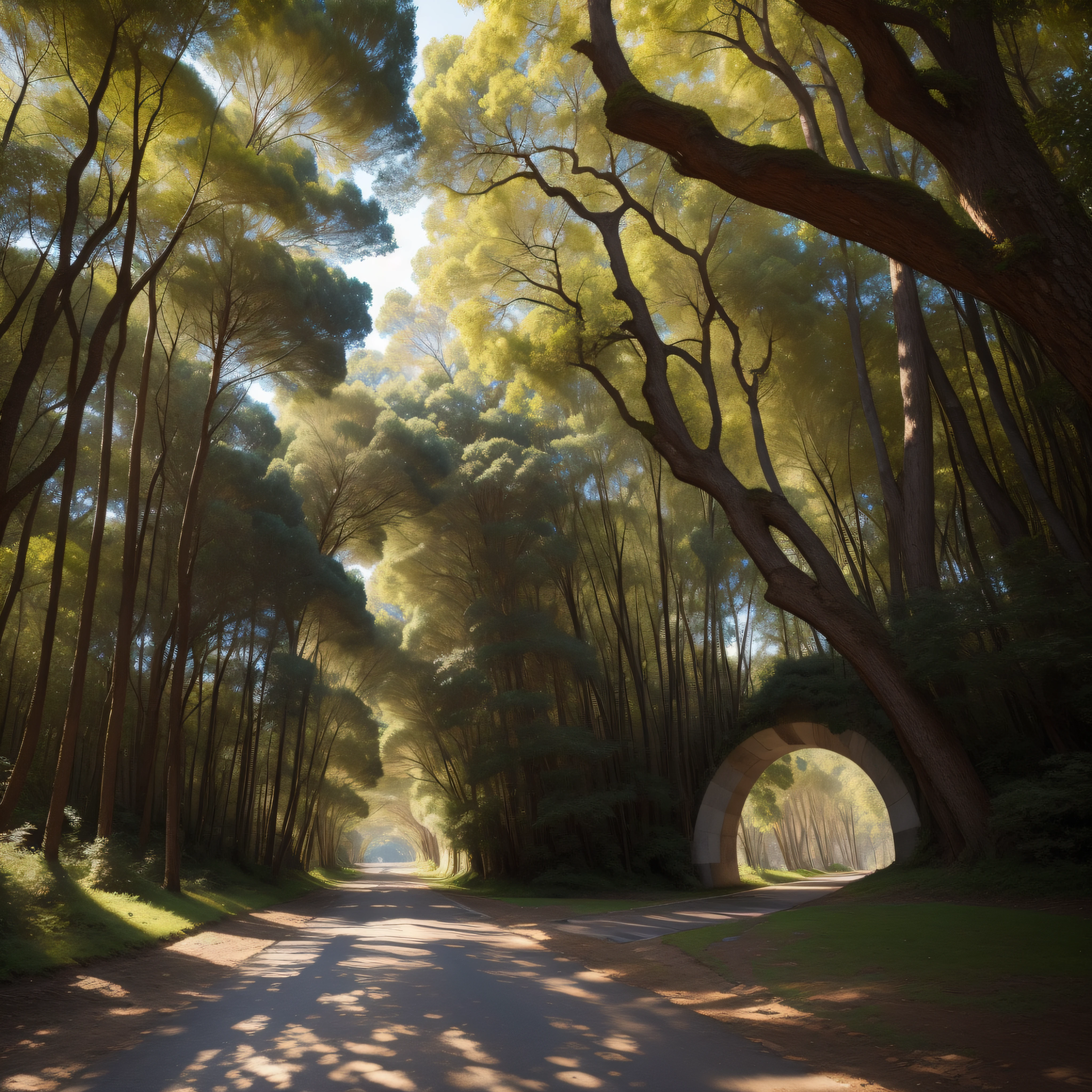 (extremadamente detallado, obra maestra, La mejor calidad), paisaje de bosque. en el cielo hay un agujero profundo del cual se ve un tunel. Daytime Lighting.