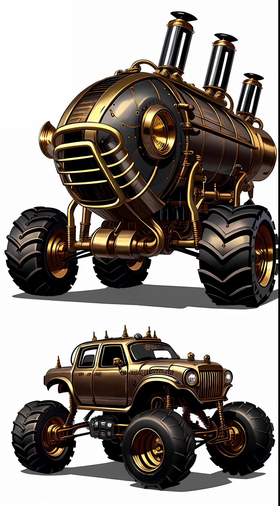 Steampunk monster trucks、from side view、brass、steel、Great photos of pipes、White background