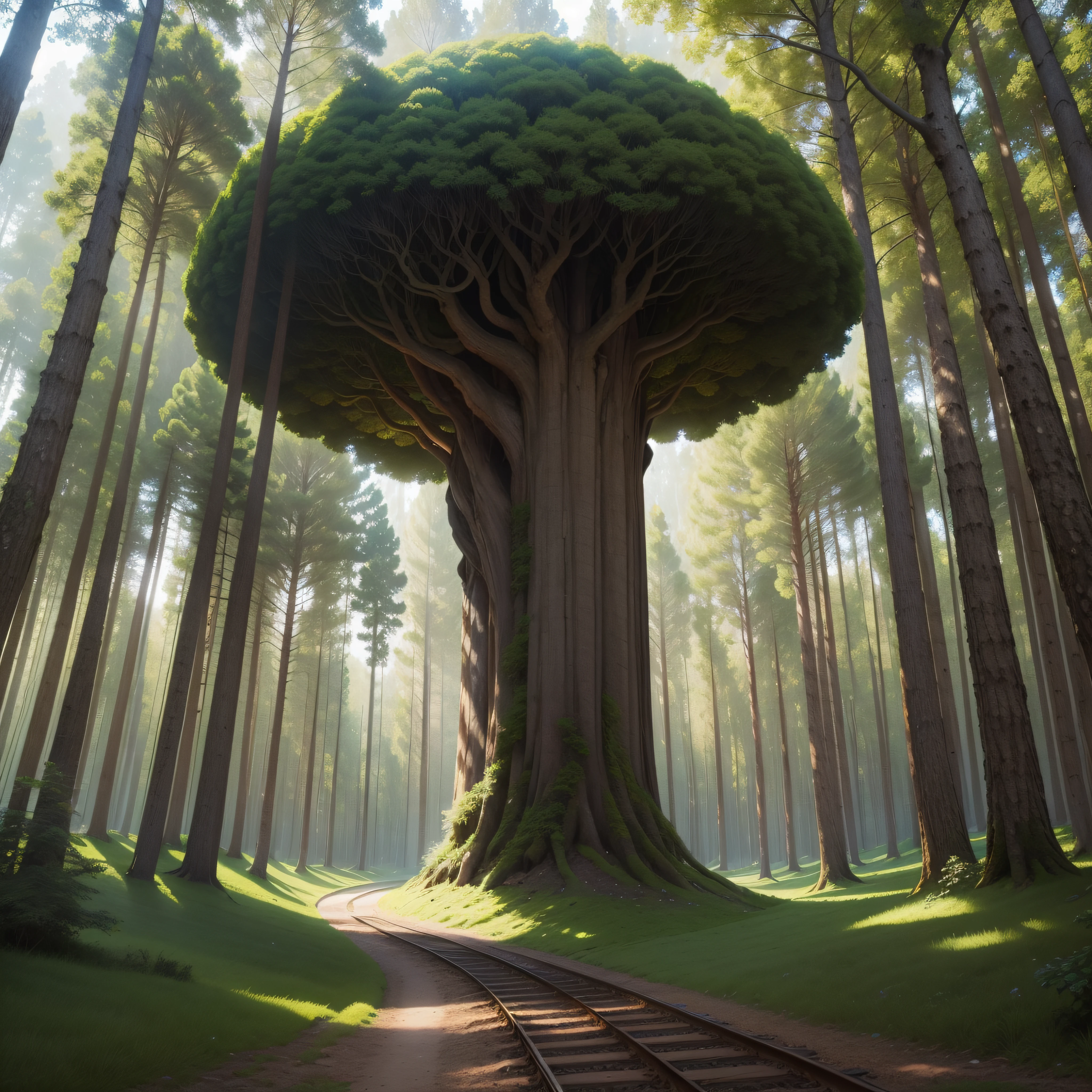 (extremadamente detallado, obra maestra, La mejor calidad), paisaje de bosque. en el cielo hay un agujero profundo del cual se ve un tunel. Green giant hidden among trees. Daytime Lighting.