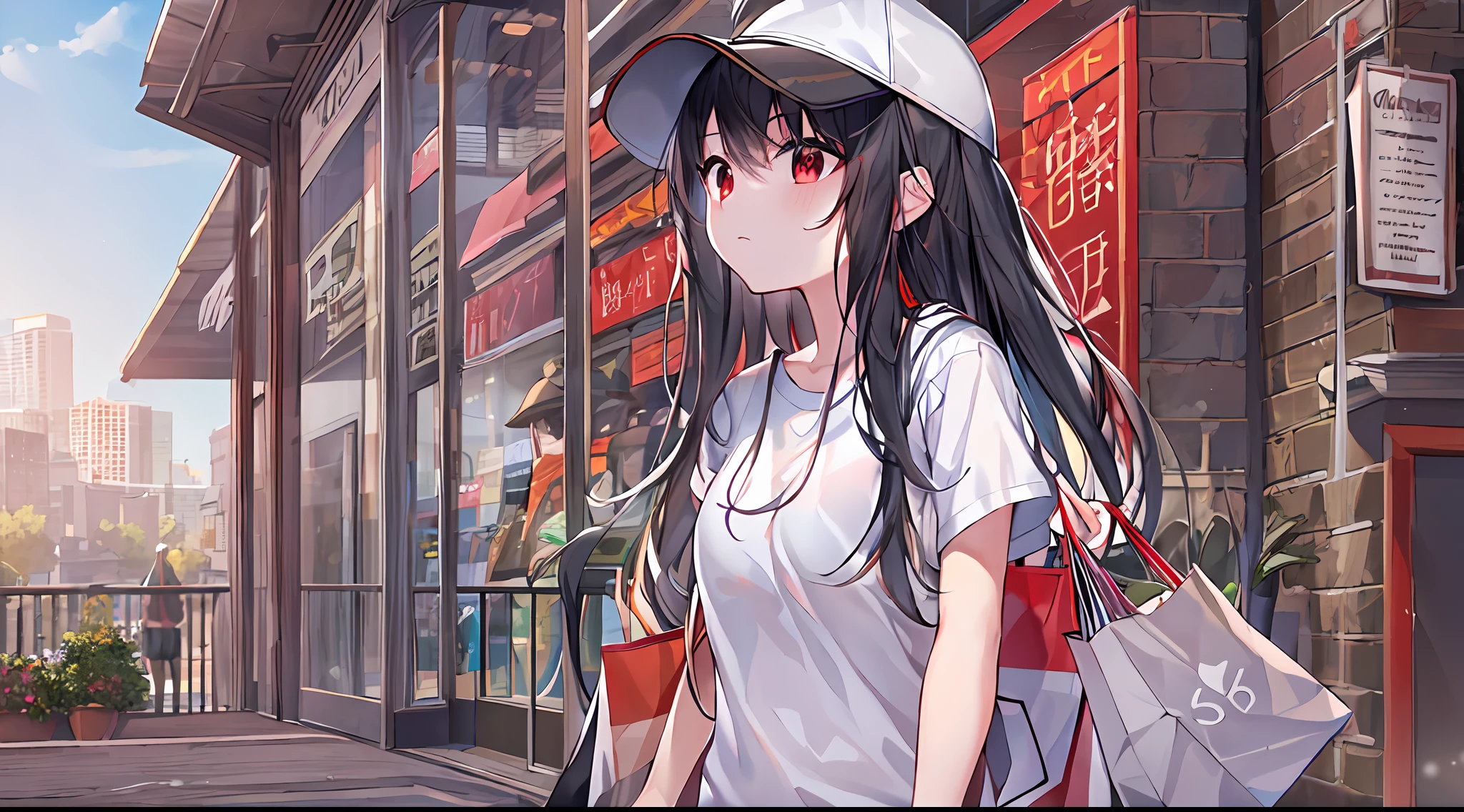 Shopping, black haired, long haired, red eyes, cap, white t shirt, black shorts, long shorts, 4k, high quality, master piece, city, tote bag