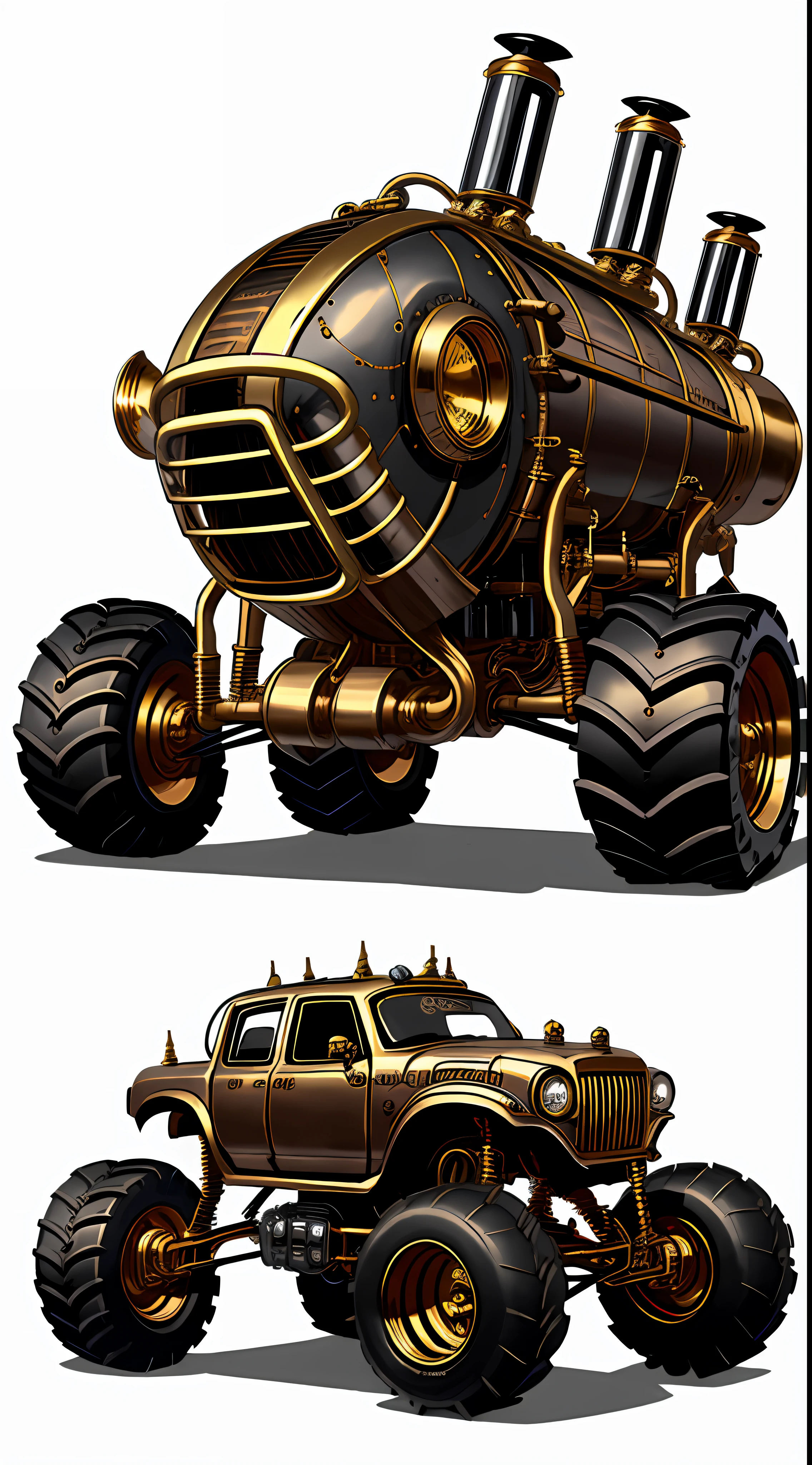 Steampunk monster trucks、from side view、brass、steel、Great photos of pipes、White background