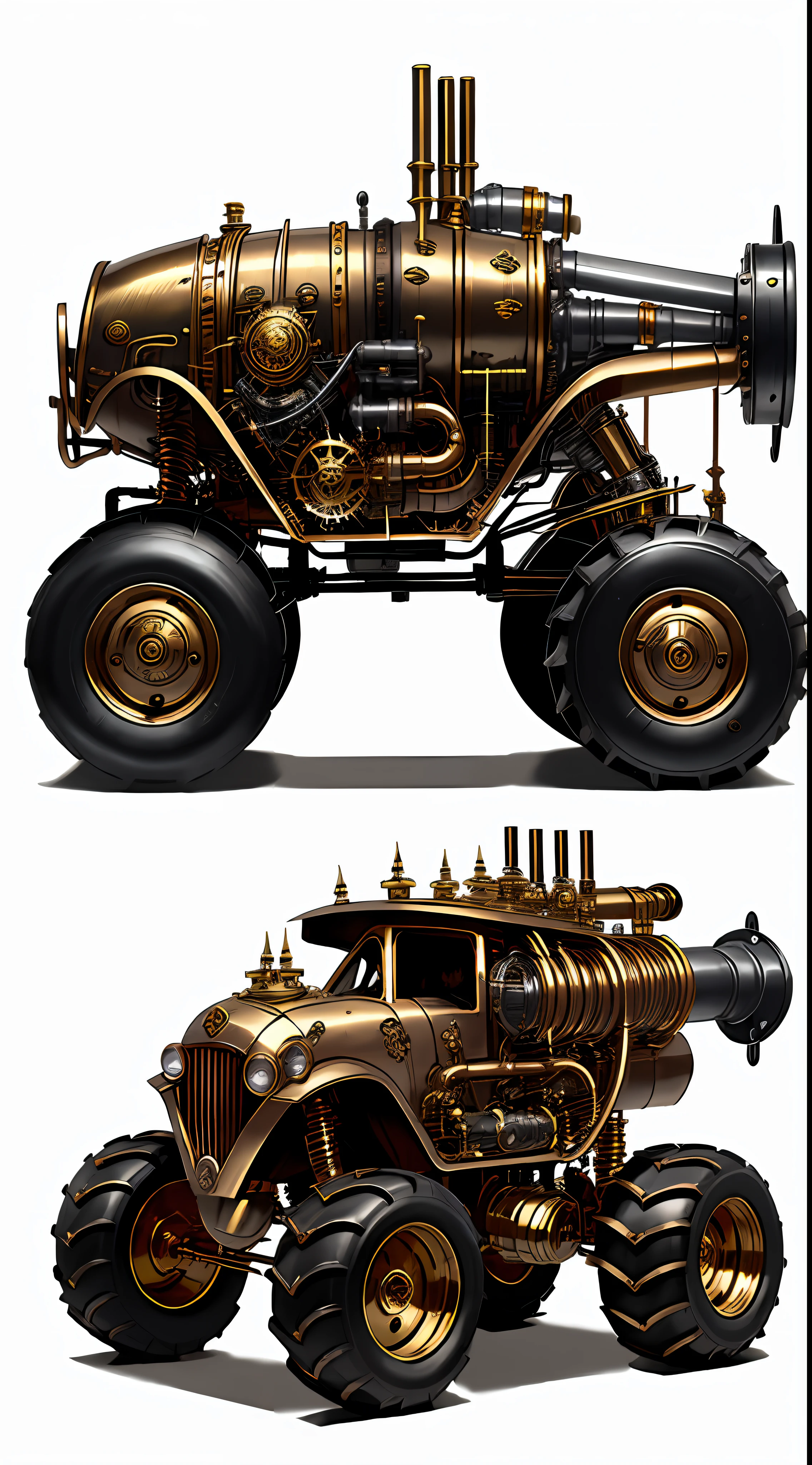Steampunk monster trucks、from side view、brass、steel、Great photos of pipes、White background