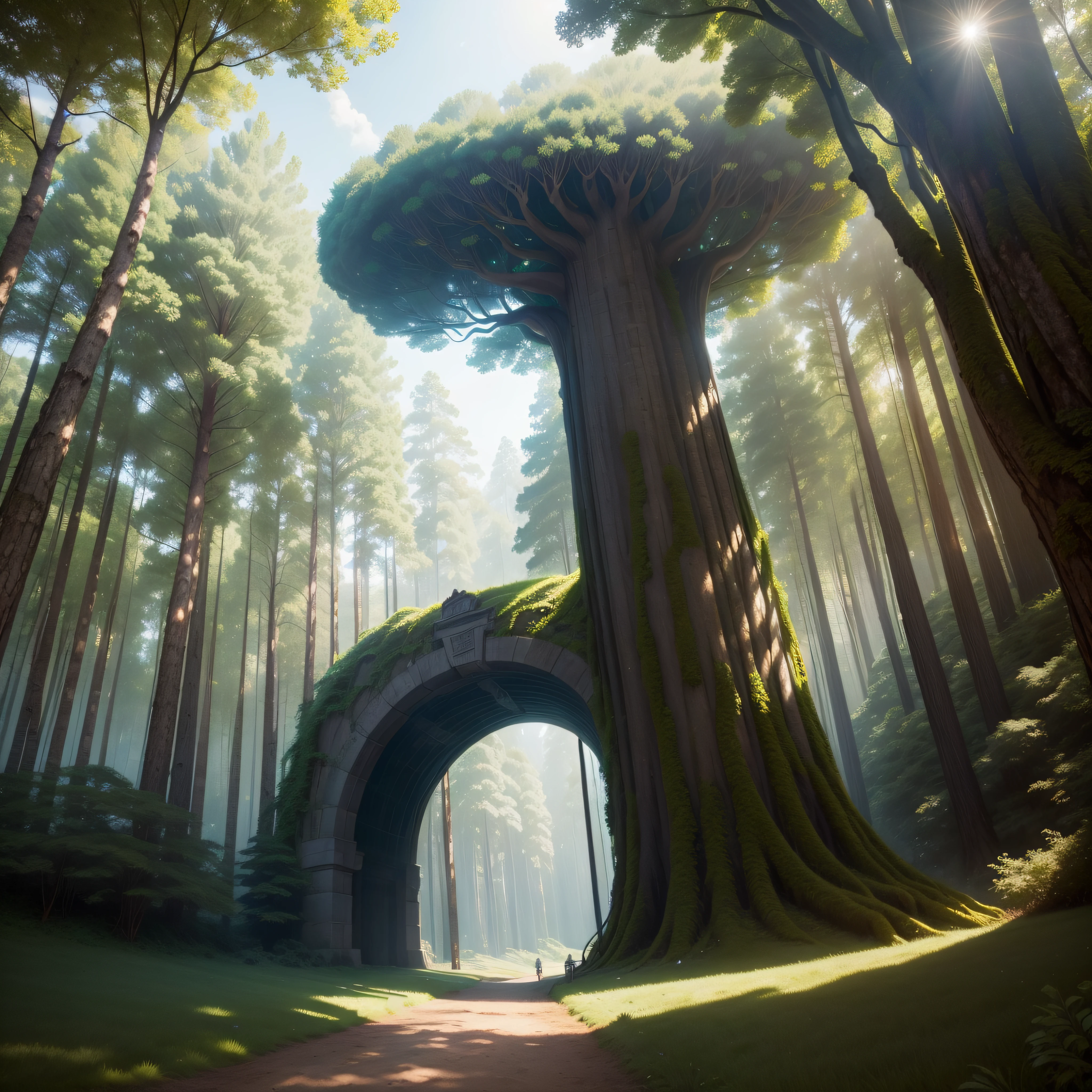 (extremadamente detallado, obra maestra, La mejor calidad), paisaje de bosque. en el cielo hay un agujero profundo del cual se ve un tunel. Green giant hidden among trees. Daytime Lighting.