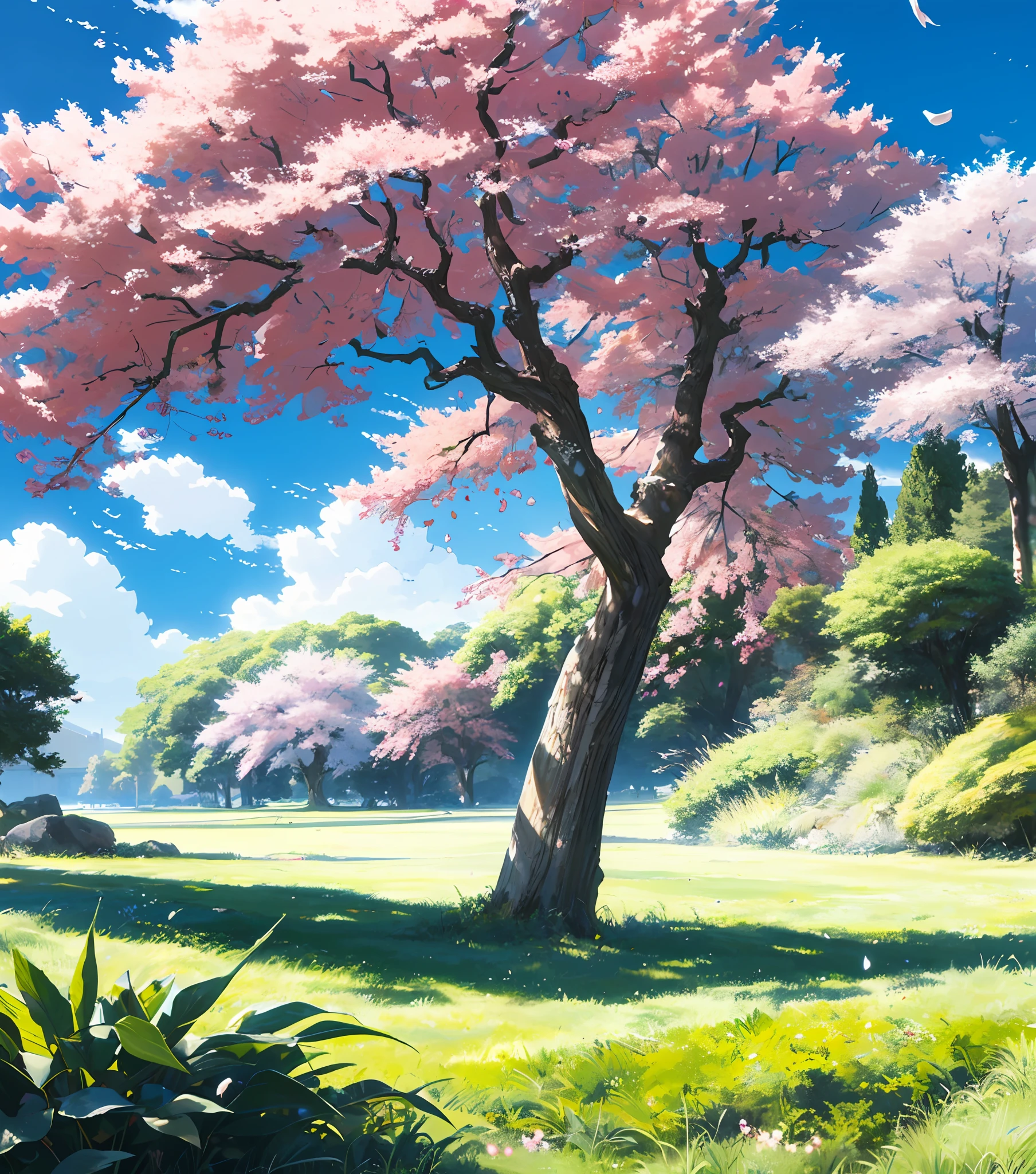 Vast sky, large grassland, moving visual effects, colorful natural light, shrine, cherry blossom, clouds