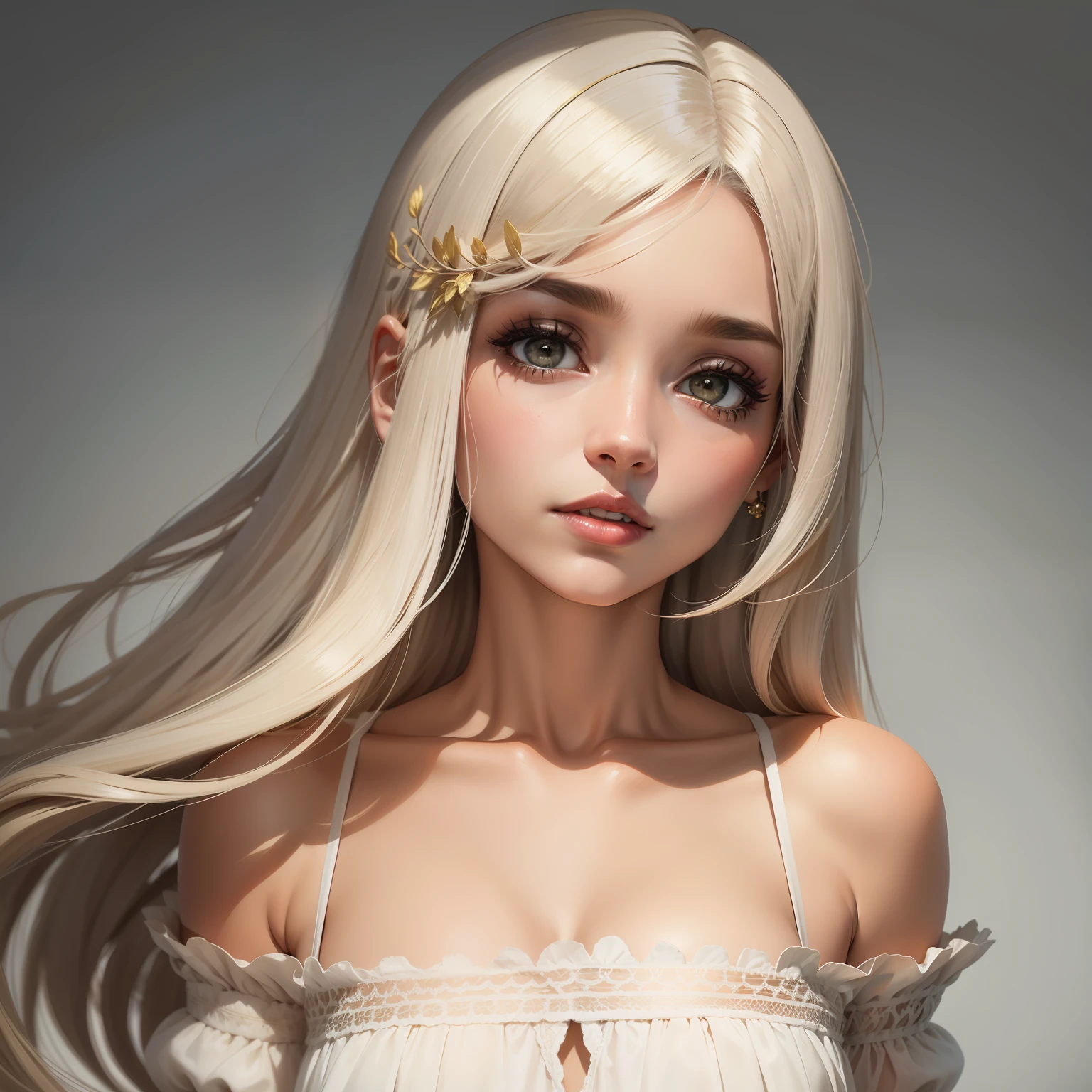 Moca bonita, com cabelo com franja  loiro dourado, olhos claros, com vestido florido longos olhos azuis