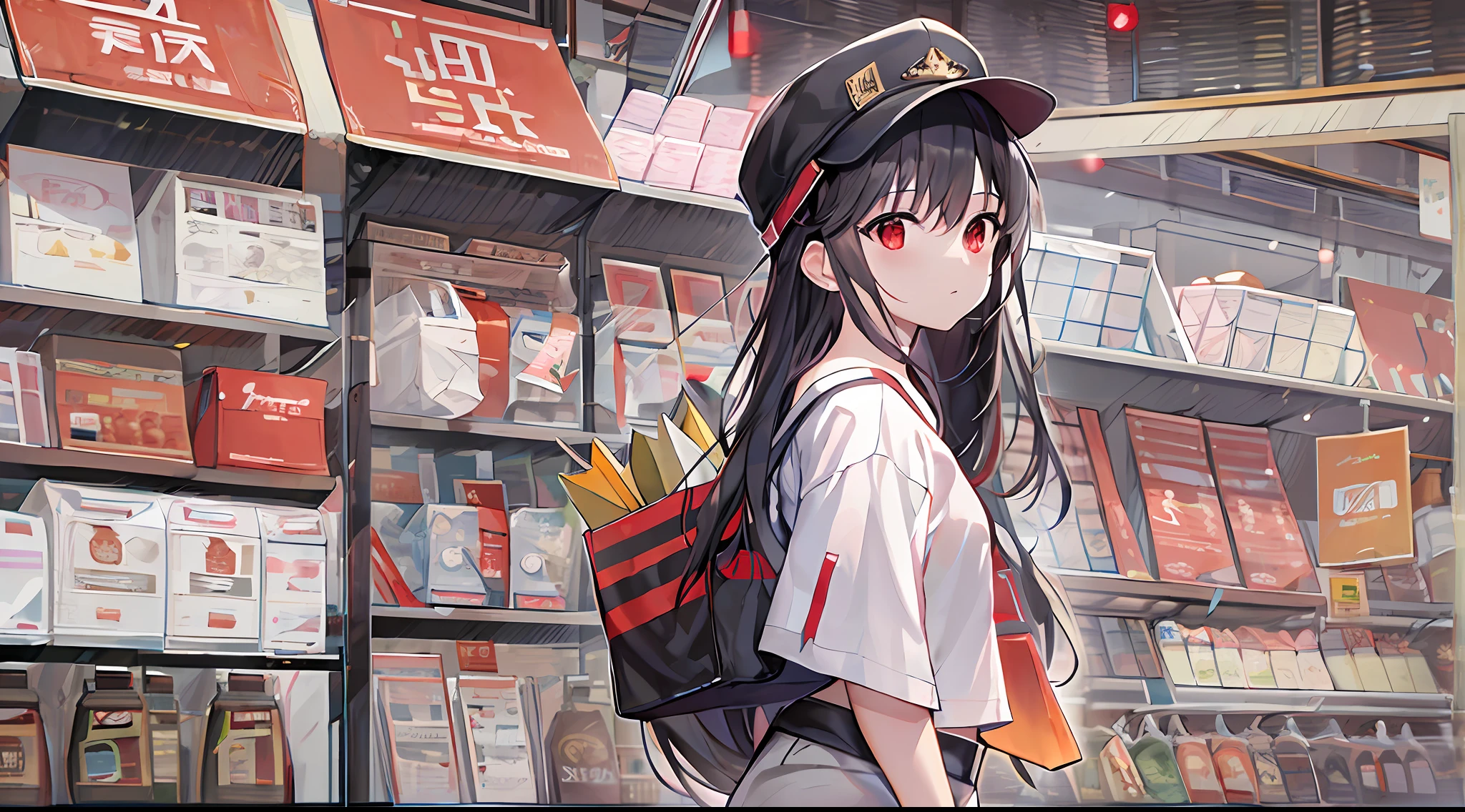 Shopping, black haired, long haired, red eyes, cap, white t shirt, black shorts, long shorts, 4k, high quality, master piece, city, tote bag