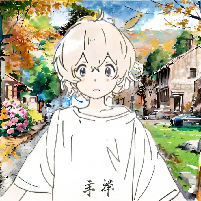 Anime characters in white shirts standing on a street with trees, anime still film anime shikishi, offcial art, in style of kyoto animation, An anime cover, Official artwork, Inspired by Bian Shoumin, koyoharu gotouge, Japanese animation style, natsume yuujinchou, bishounen, In a Japanese anime style, Official illustration