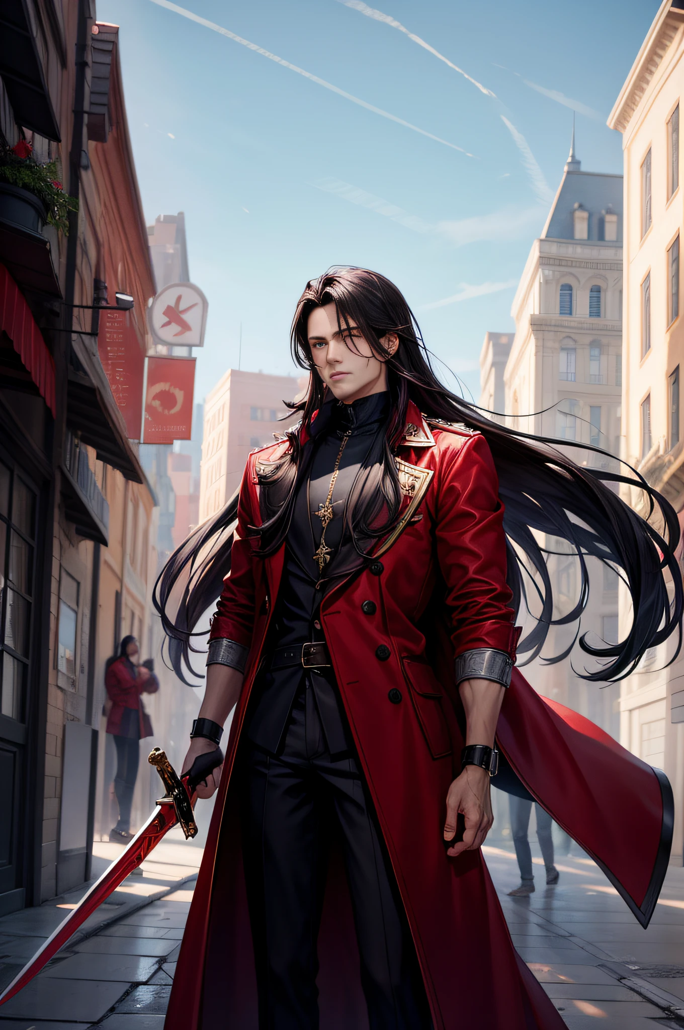 Man with red overcoat, long black hair, brown eyes, with big sword on his back.