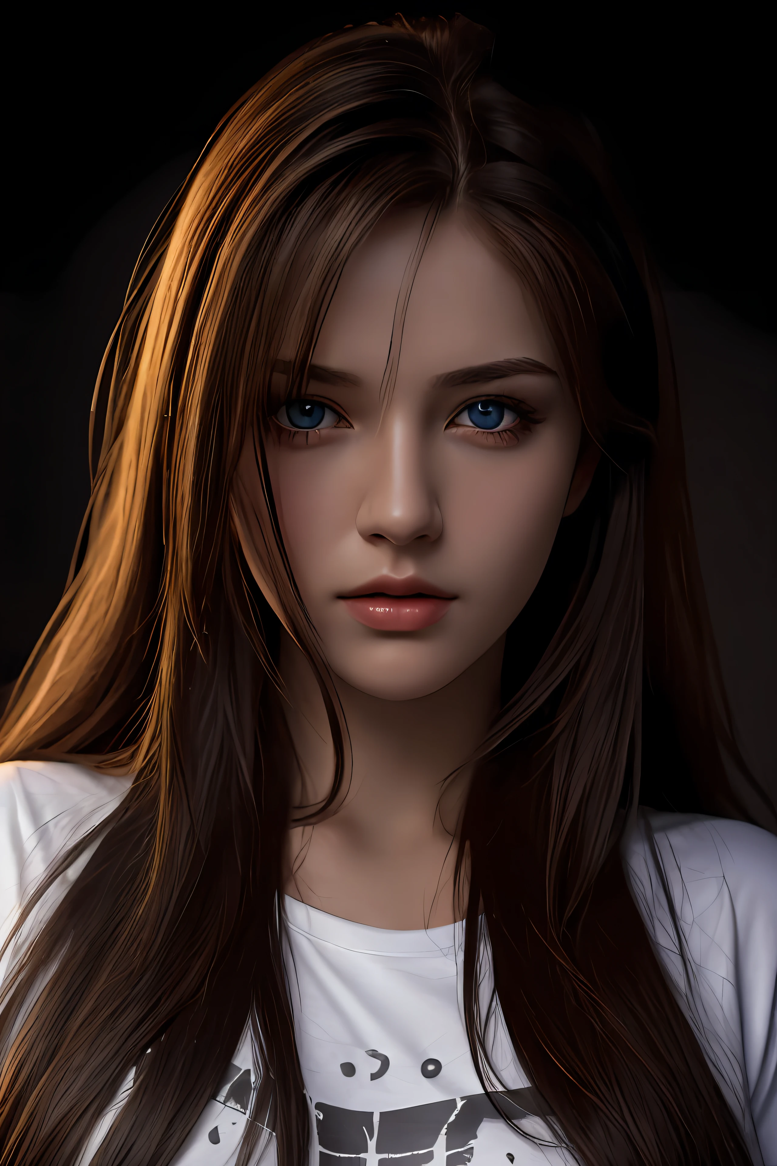 Best quality, masterpiece, ultra high res, (photorealistic:1.37), raw photo, 1girl, long hair, beautifull eyes, beautifull face, detailed eyes and face, t-shirt, dynamic lighting, in the dark, deep shadow, low key, cowboy shot