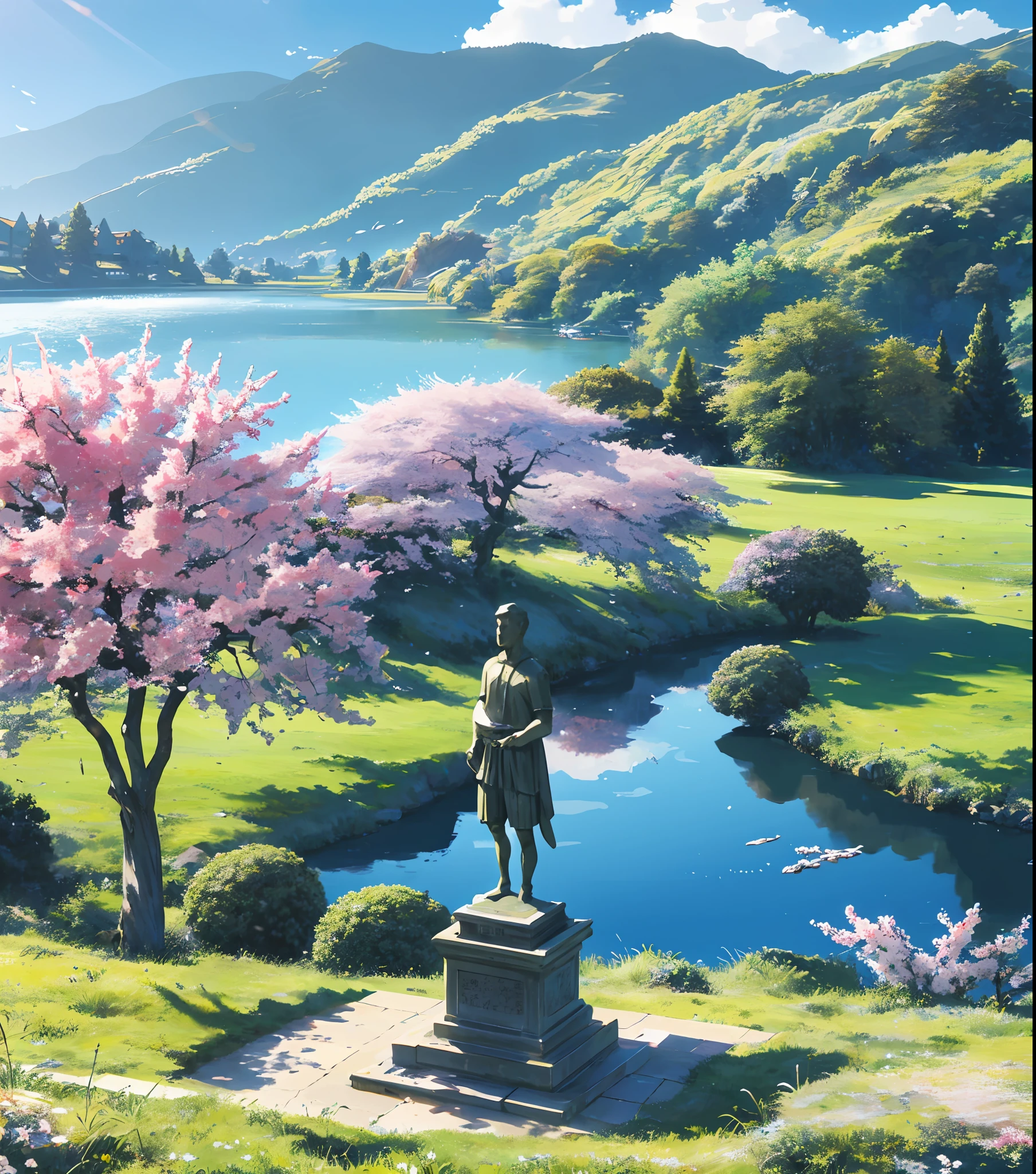 sky, large grassland, moving visual effects, colorful natural light, lake, cherry blossom, clouds, statues