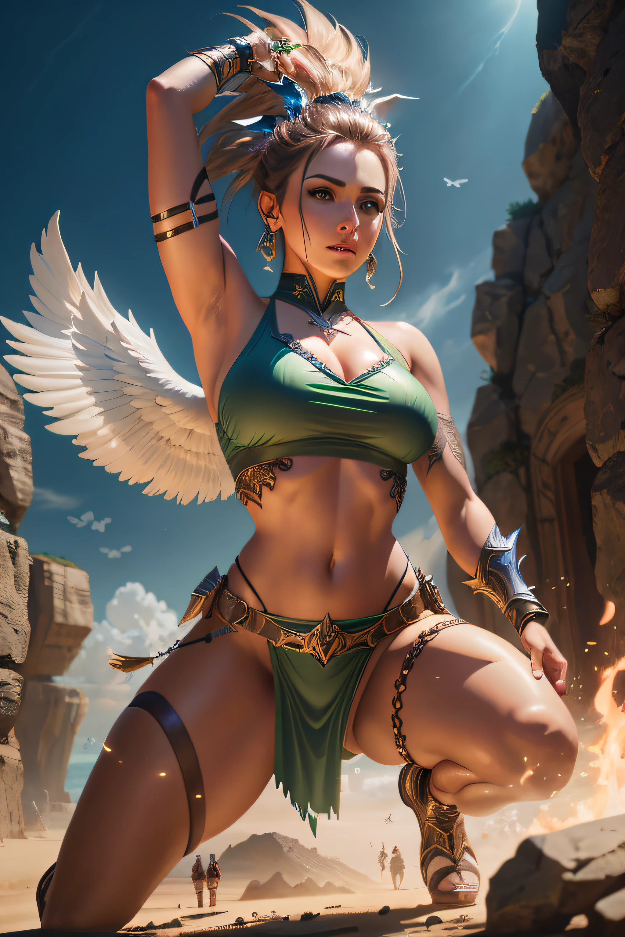 Arafed woman in a green bikini with wings and a sword, Epic Angle and Pose, inspirado em Ryan Barger, Epic Fantasy Digital Art Style, as a mystical valkyrie, deviantart artstation cgscosiety, Fantasy Style 8k Octane Rendering, (octan render) estilo fantasia, Vencedor do concurso Artstation, valkyrie style character, Artgerm Julie Bell Beeple
