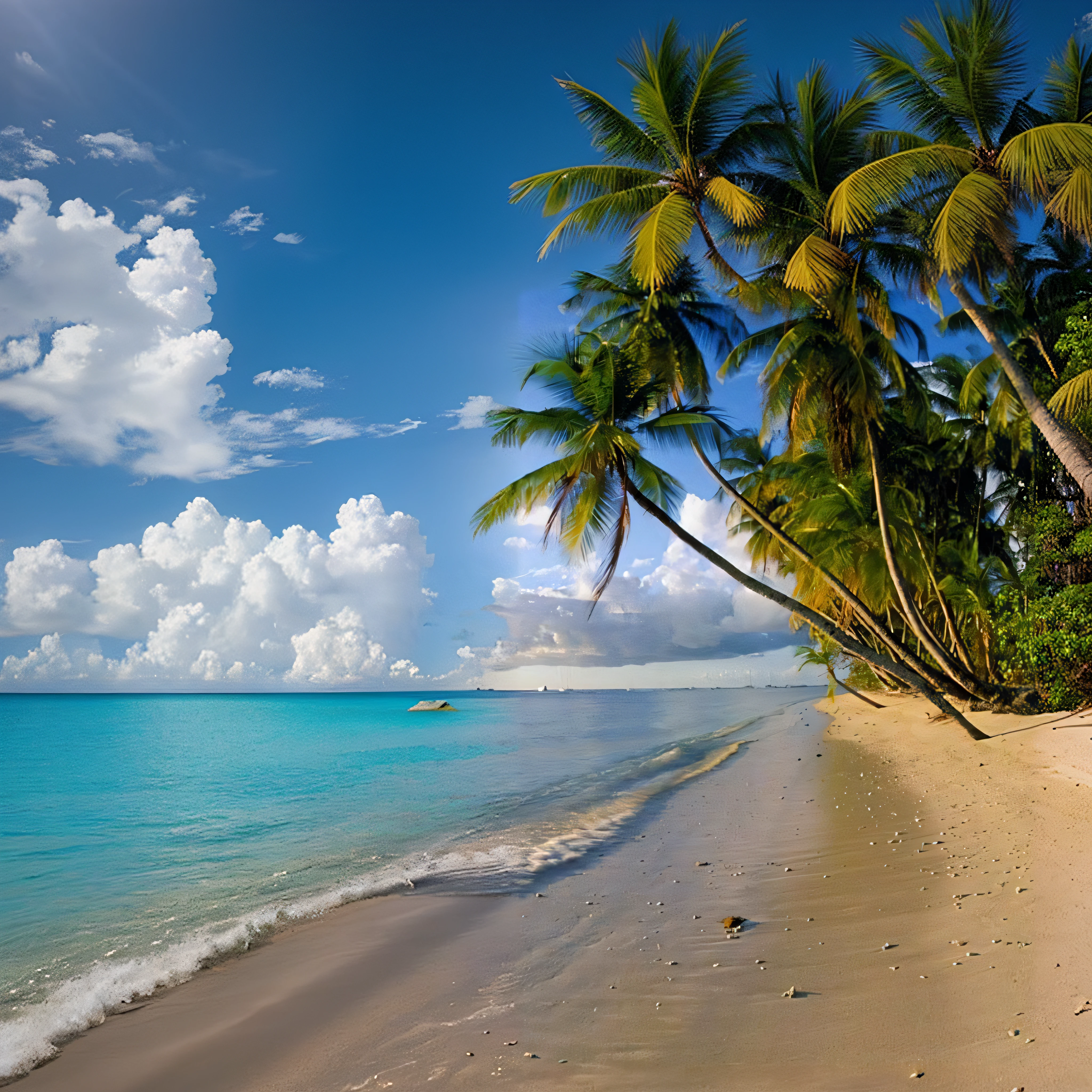 Palmeras Arafed bordean la playa frente a un cielo azul, Arena blanca del Caribe, tropical beach paradise, Playa tropical, palmeras en la playa, impresionante hermosa playa, Impresionante visual, Caribe, Hermosa playa de isla tropical, en una playa tropical, tropical location, Playa de arena blanca, hermosa playa, Playa de arena, Isla tropical, Bahamas