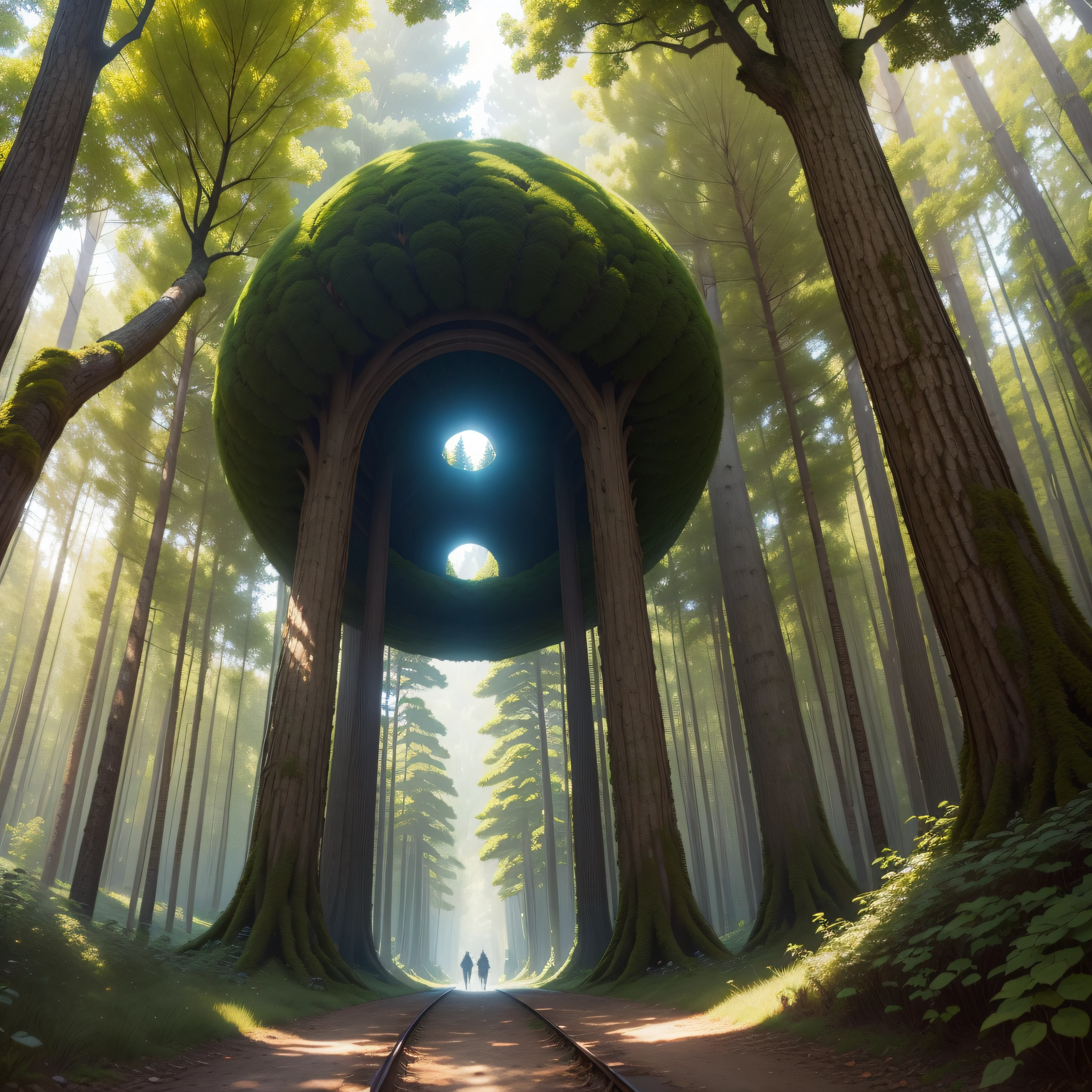 (extremadamente detallado, obra maestra, La mejor calidad), paisaje de bosque. en el cielo hay un agujero profundo del cual se ve un tunel. Green giant hidden among trees. Daytime Lighting.