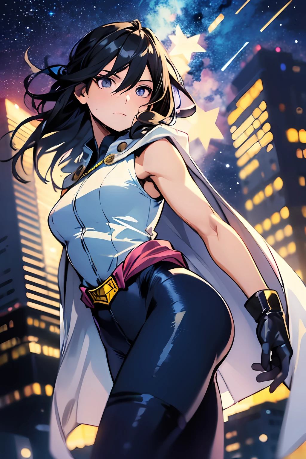 (masterpiece, best quality:1.4), cinematic light, colorful, high contrast, (1girl), NanaShimura, boku no hero academia, black hair, mole under mouth, large breasts, (blue eyes), hair between eyes, sleeveless, bodysuit, white cape, yellow gloves, in the city, night, stars