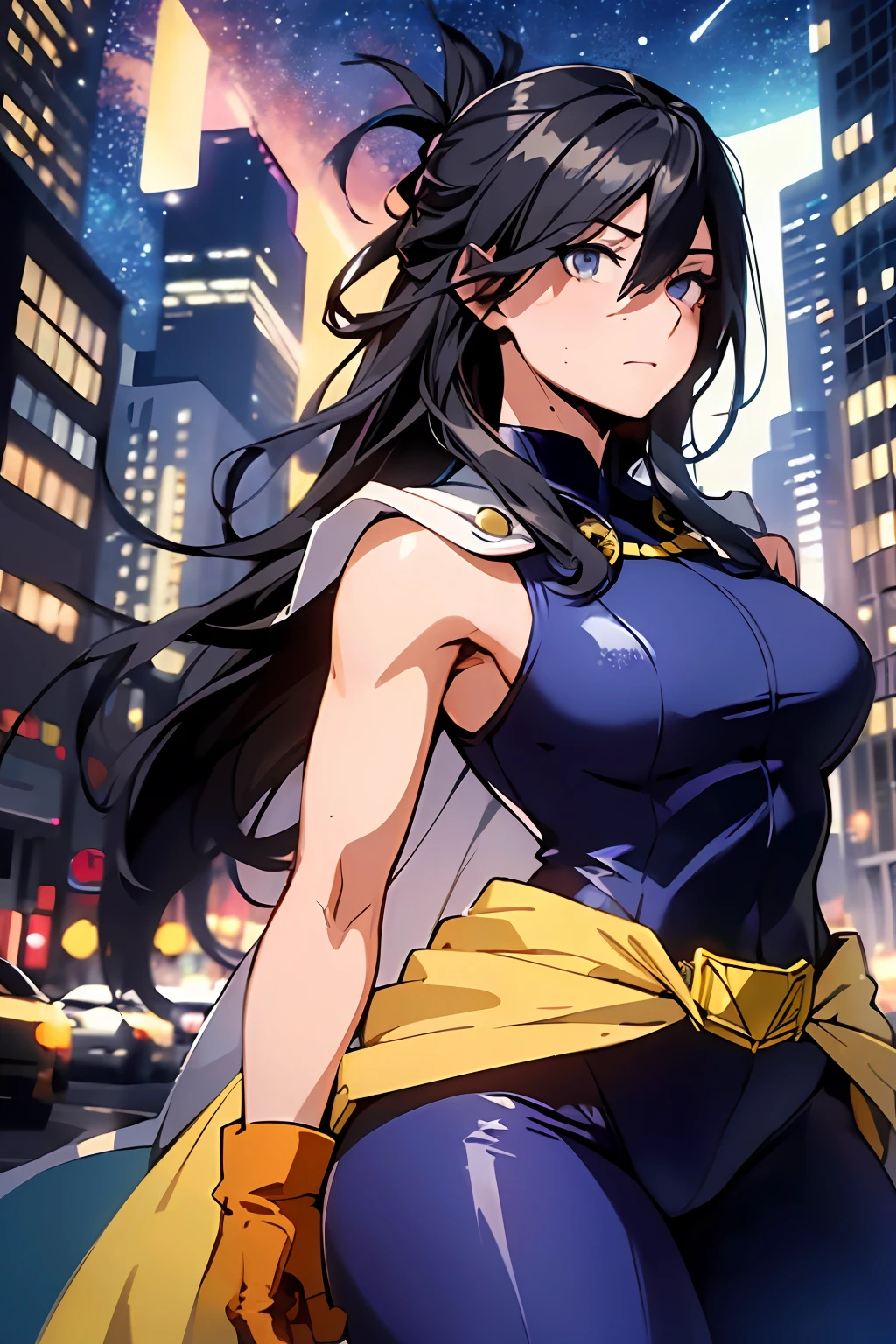 (masterpiece, best quality:1.4), cinematic light, colorful, high contrast, (1girl), NanaShimura, boku no hero academia, black hair, mole under mouth, large breasts, (blue eyes), hair between eyes, sleeveless, bodysuit, white cape, yellow gloves, in the city, night, stars